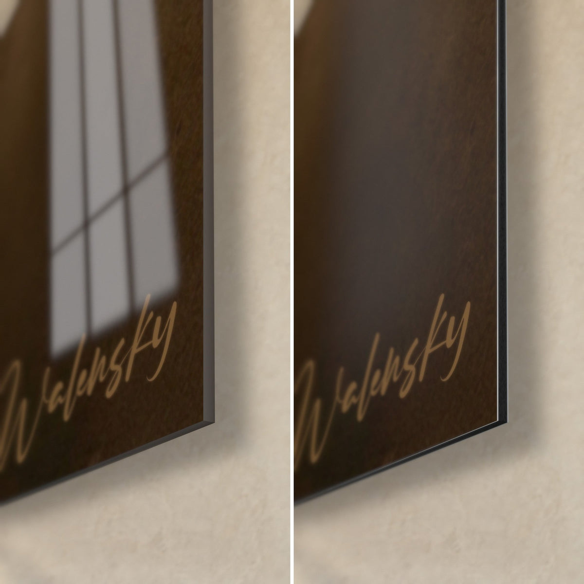 Wall art gilded bronze discus thrower, bottom right corner: glossy glass on the left, matte black Dibond on the right, 3 mm edge