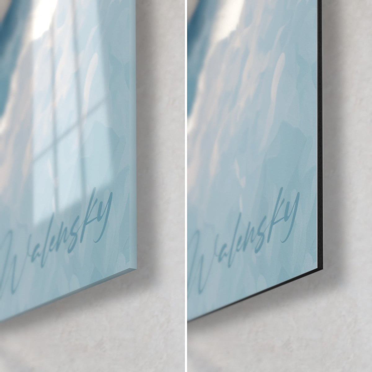 Schilderij langharige kat met parelmoerkleurige vacht, rechtsonder: glanzend hemelsblauw acrylglas links, mat Dibond-aluminium rechts, 3 mm rand