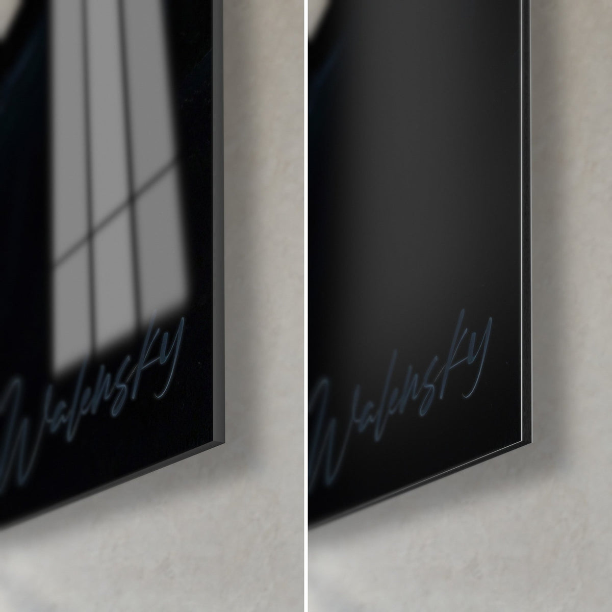 Tableau karatéka peint dans l'ombre, coin bas droit : verre acrylique brillant à gauche, alu Dibond mat noir à droite, tranche de 3 mm