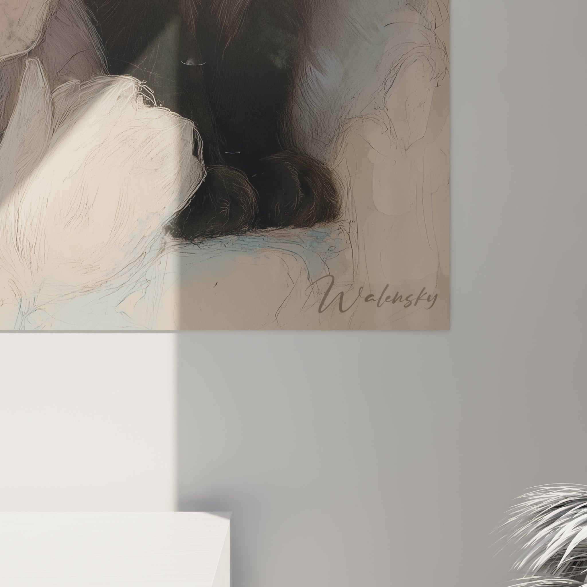 Overview of Birman cat wall art with pink tulips, dimensions and decorative perspective for living room