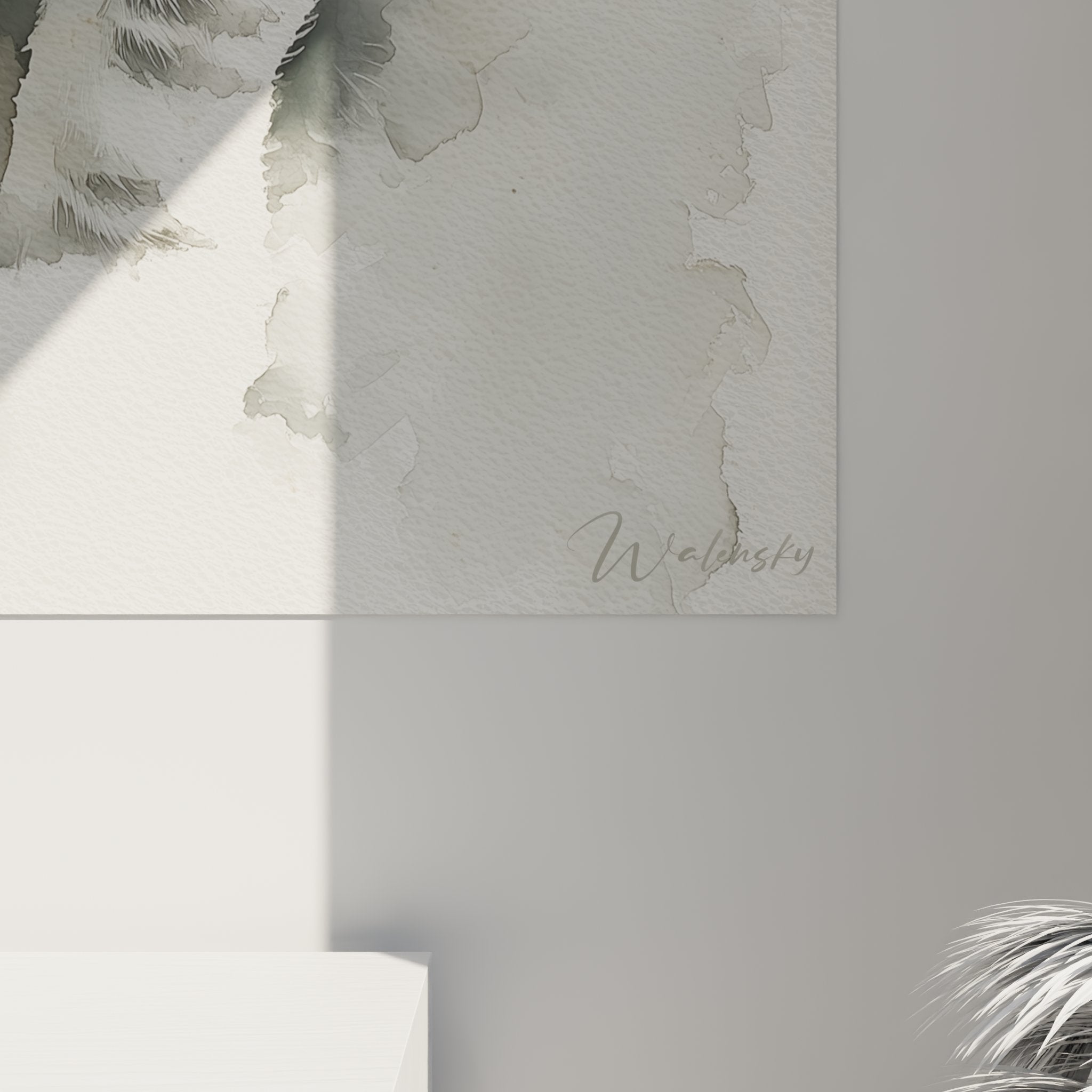 Vue ensemble tableau chaton aquarelle American Shorthair, decoration murale elegante tons neutres pour interieur