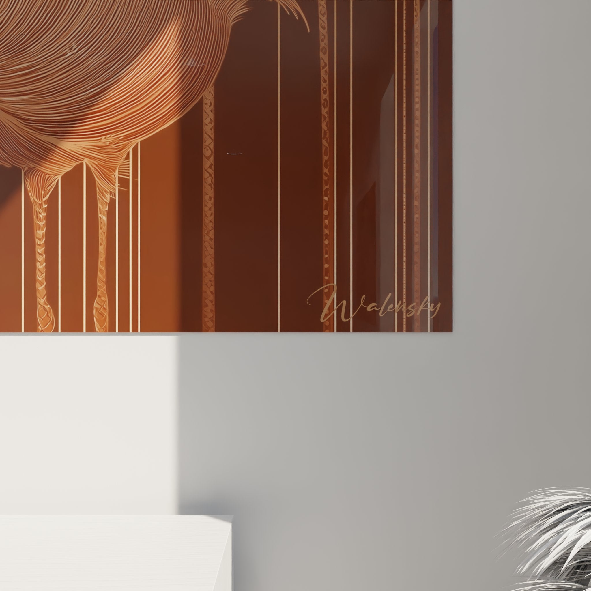 Vue perspective tableau mural flamants roses art deco fond chocolat motifs geometriques dores