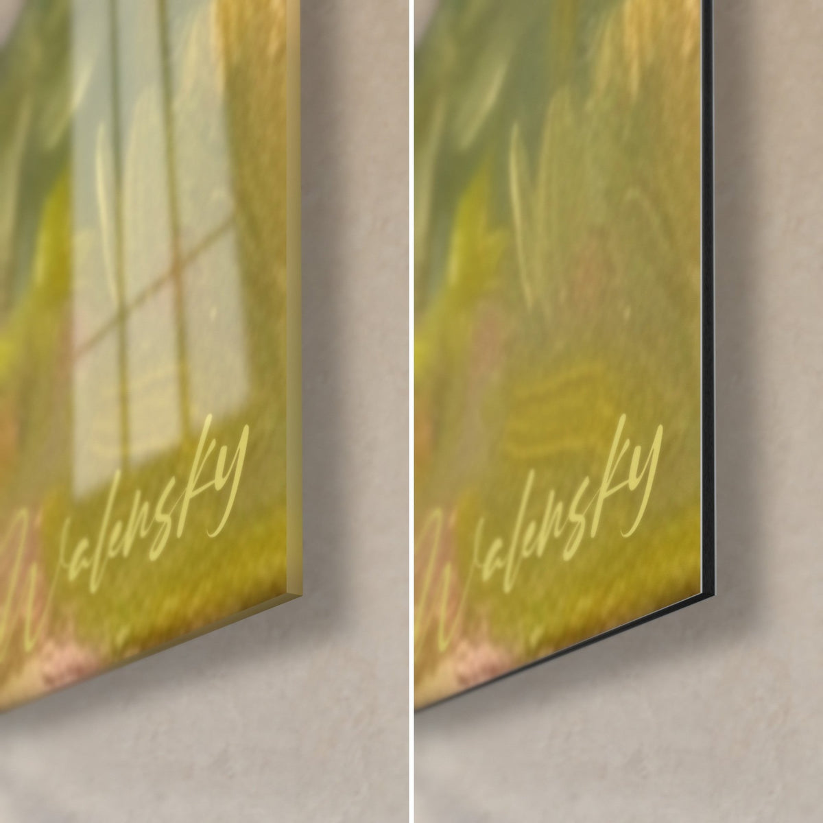 Schilderij kind dat touwtje springt, rechtsonder hoek in glanzend acrylglas en mat zwart Dibond-aluminium, 3 mm dik