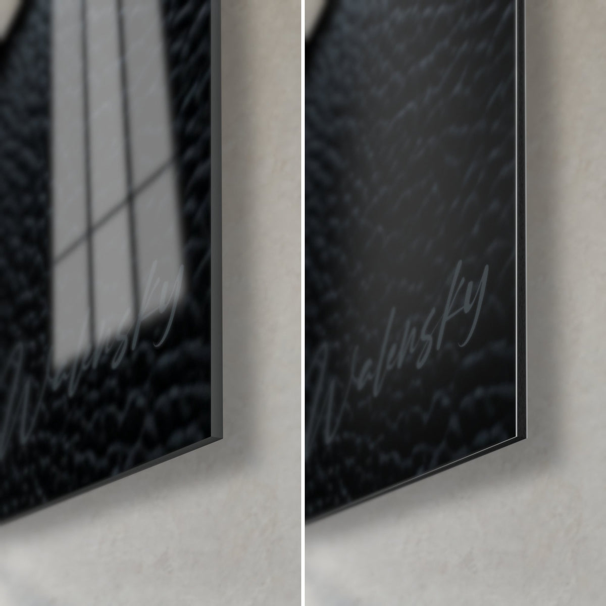 Wall art grey cat with amber eyes, bottom right corner: glossy glass reflecting a window, matte black Dibond aluminium, fine 3 mm edge
