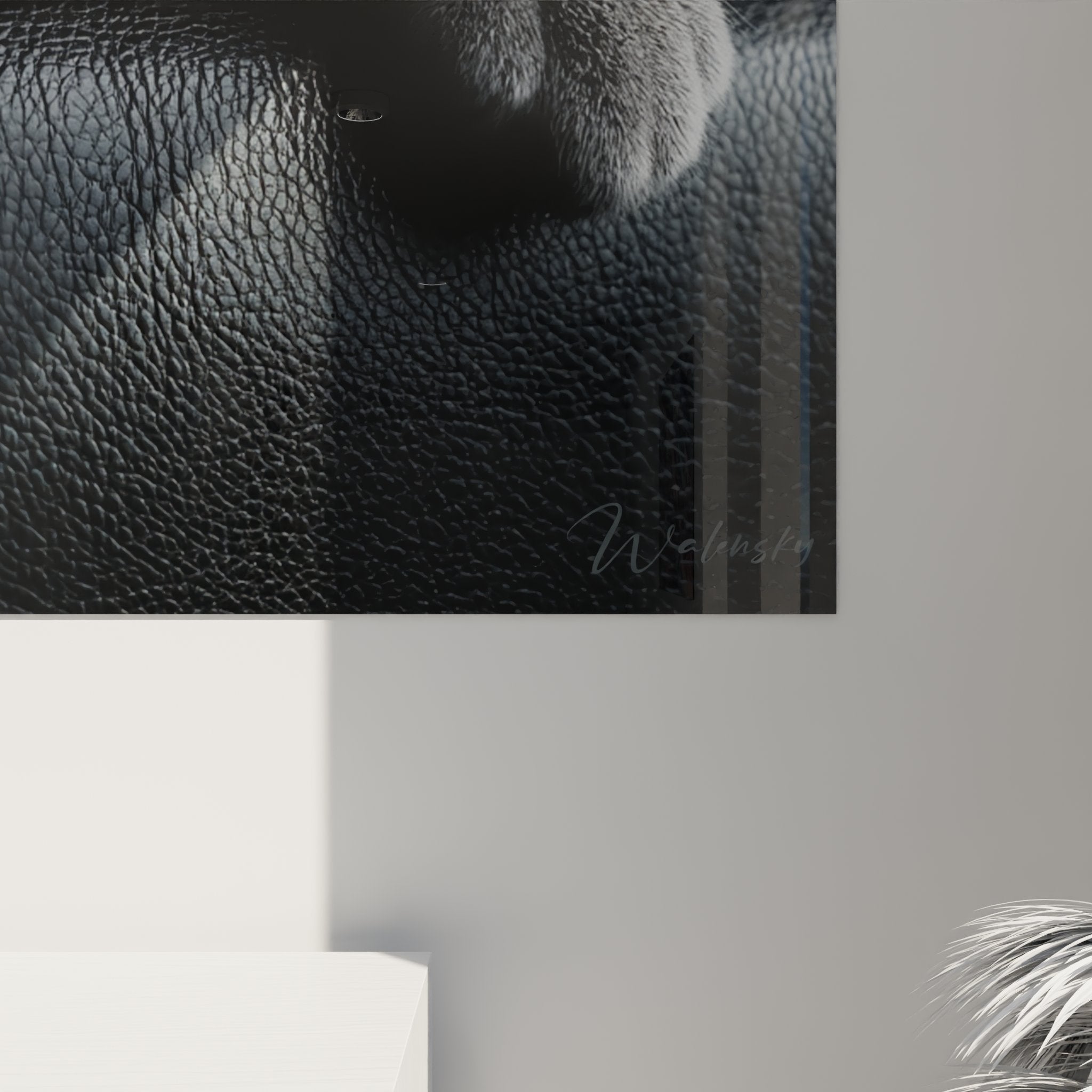 Vue d'ensemble tableau chat Chartreux contemplatif, œuvre murale décorative style portrait animalier