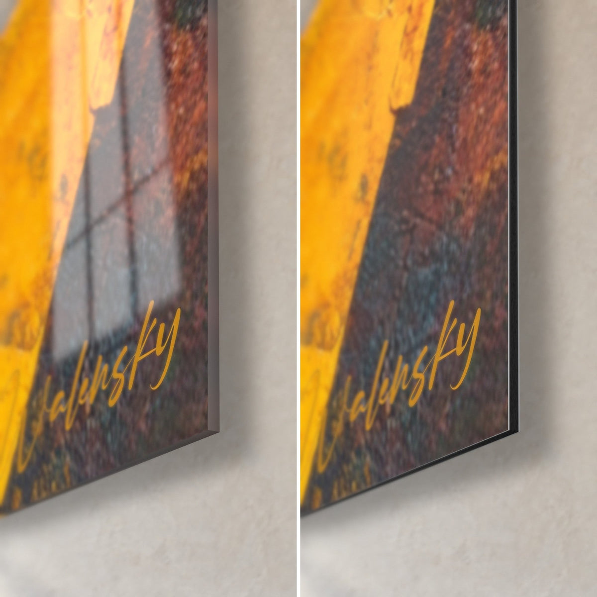 Wall art Woman with chin raised, bottom-right corner in glossy glass and matte Dibond, 3 mm edge, golden yellow and rust