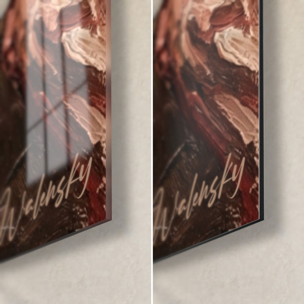 Wall art athlete pushing a tire, bottom right corner: red and cream raised paint, glossy glass on the left, matte Dibond on the right