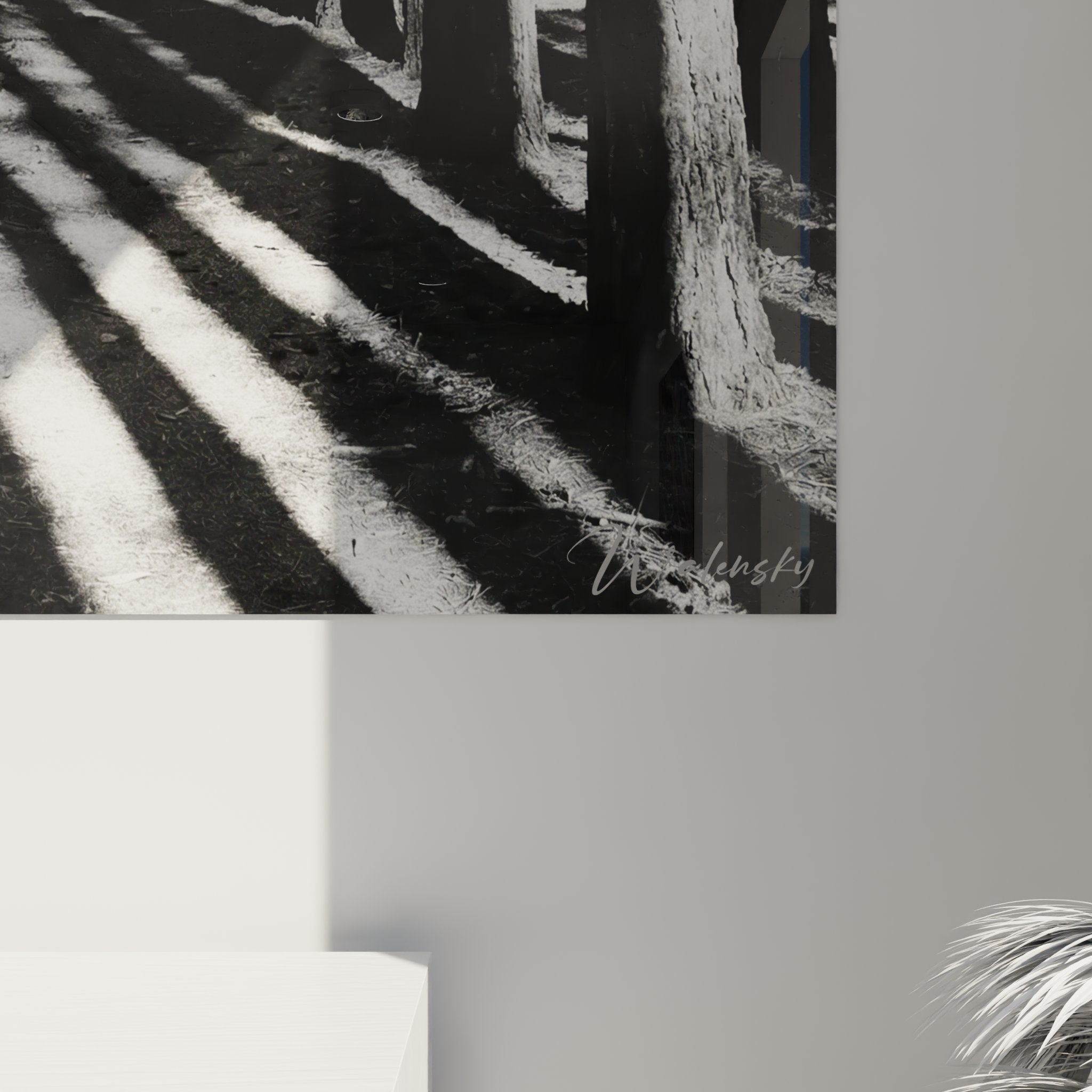 Vue d'ensemble du tableau VTT en forêt, art mural noir et blanc pour décoration intérieure moderne