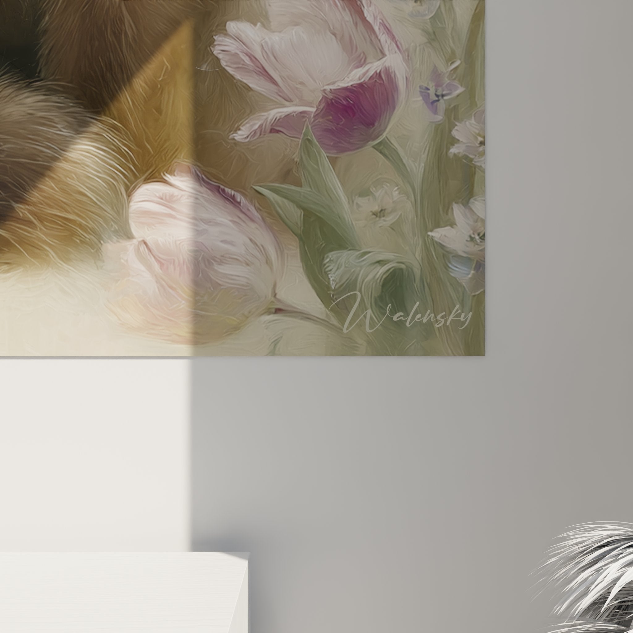 Overview of decorative Birman cat and tulips wall art, chic contemporary interior mural