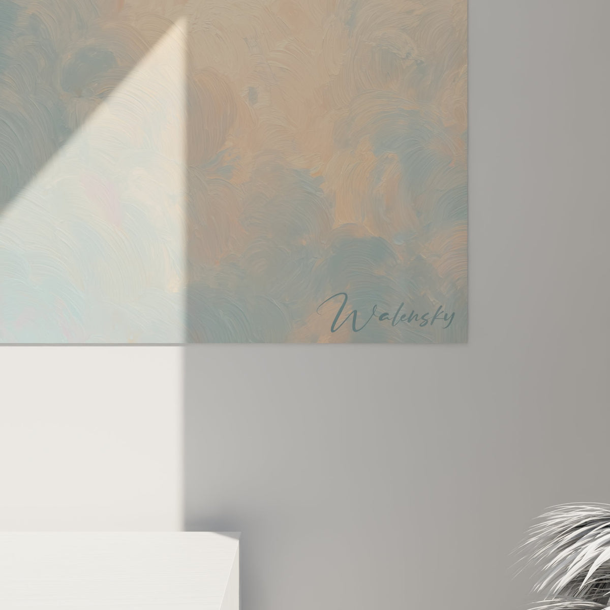 Vista d'insieme del quadro murale gatto Tonkinese tra le nuvole, stile pittorico delicato con tonalità pastello