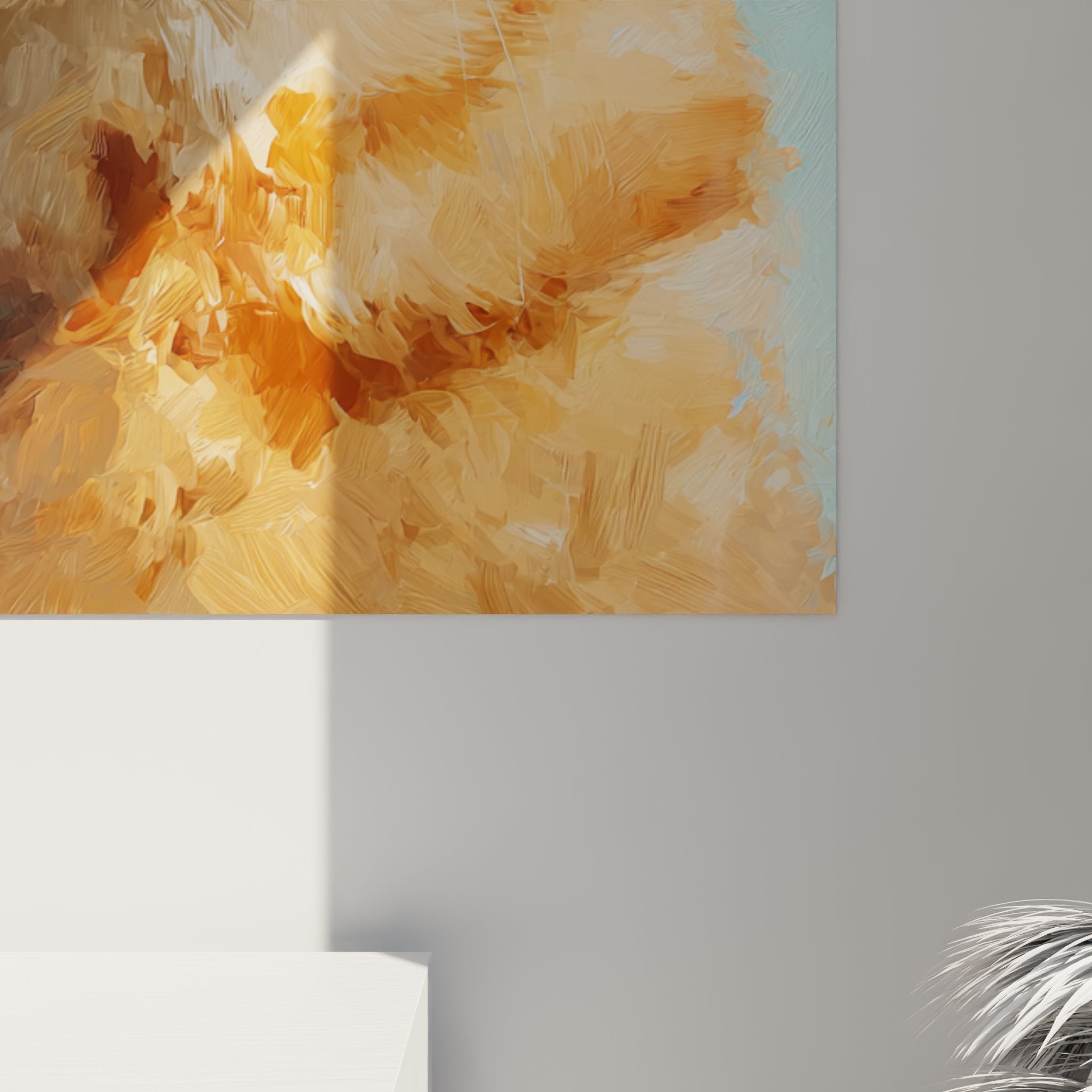 Overview of Scottish Fold cat wall art in a contemporary living room with beige sofa