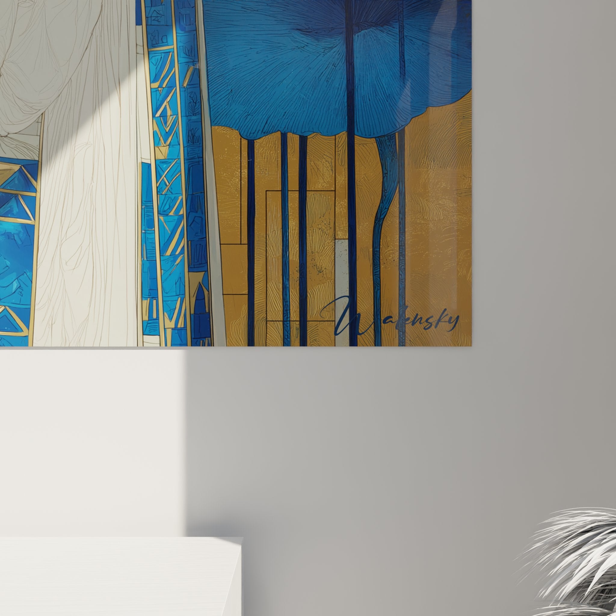 Perspective view art deco woman lotus blue flowers golden background vertical composition interior decoration
