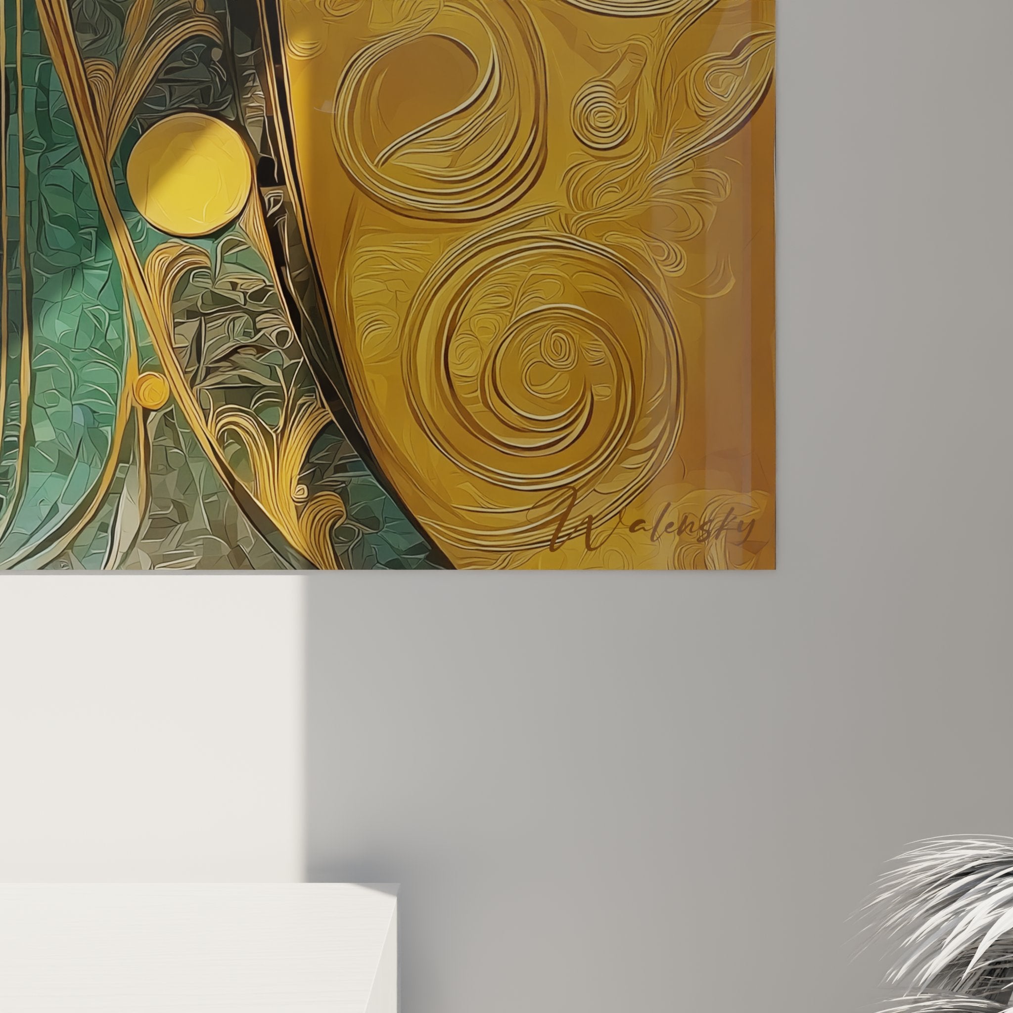 Angled view Art Nouveau woman golden spiral ornamental patterns art deco wall art