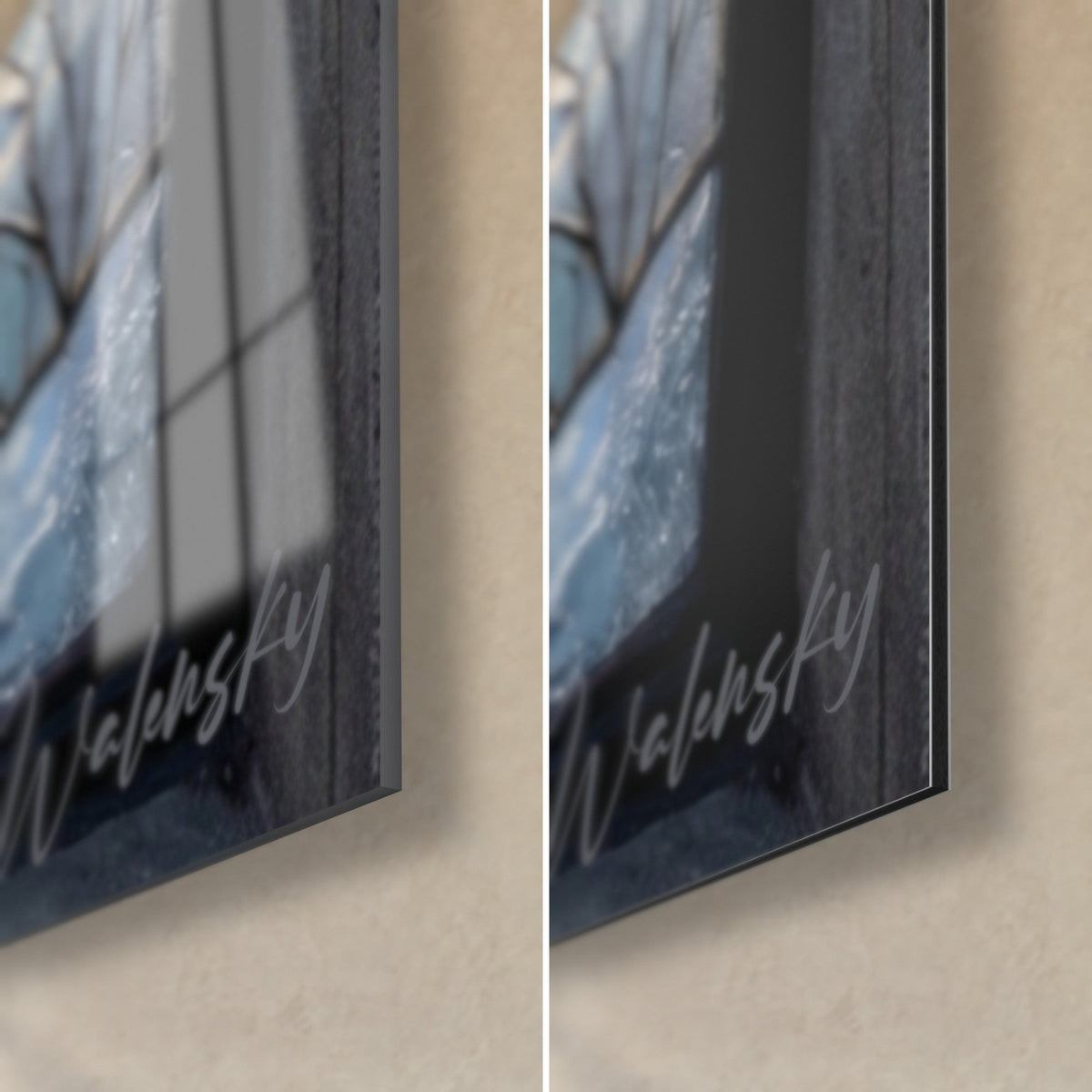 Wall art hunting companions in stained glass, shiny glass corner bottom right and matte black Dibond aluminium, white Walensky signature