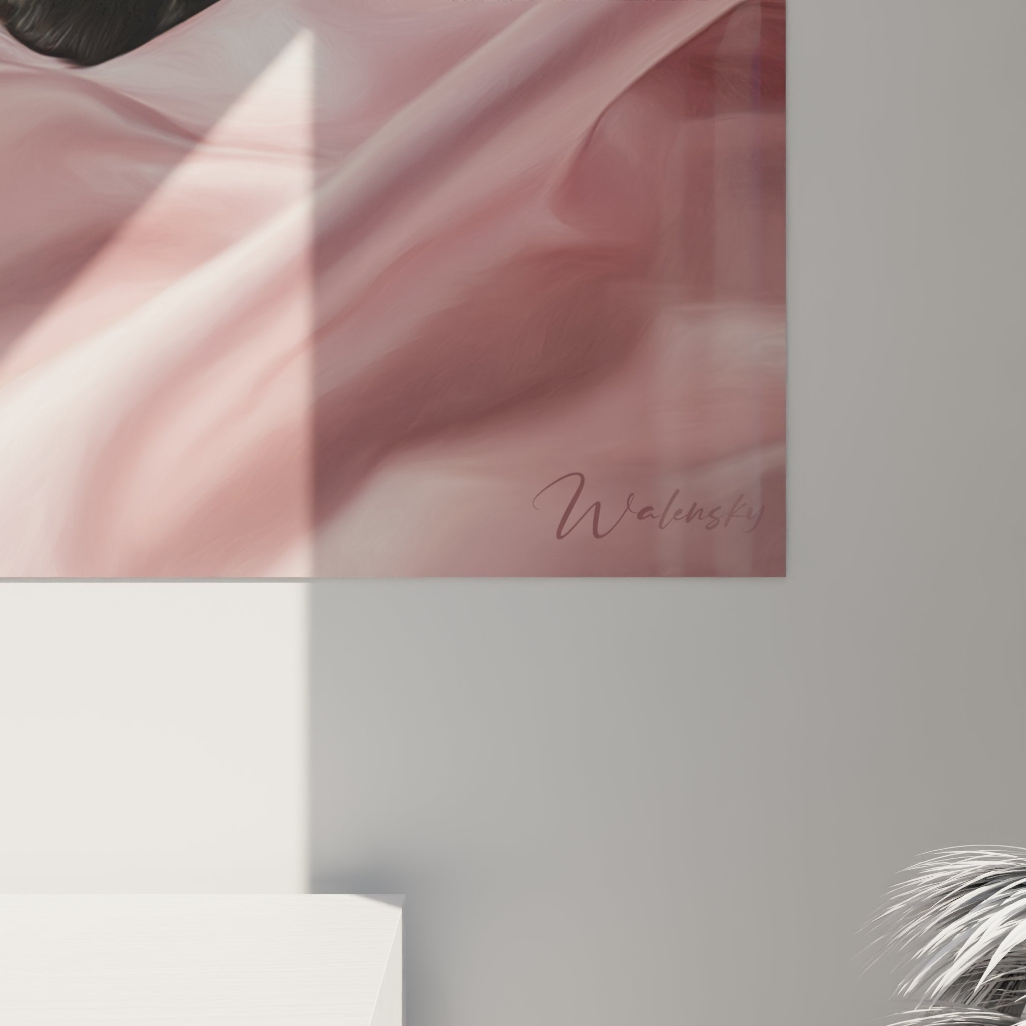 Perspektivische Ansicht des Wandbildes schwarzes Kätzchen rosa Seide dekorative Katzenkunst Bombay für Inneneinrichtung