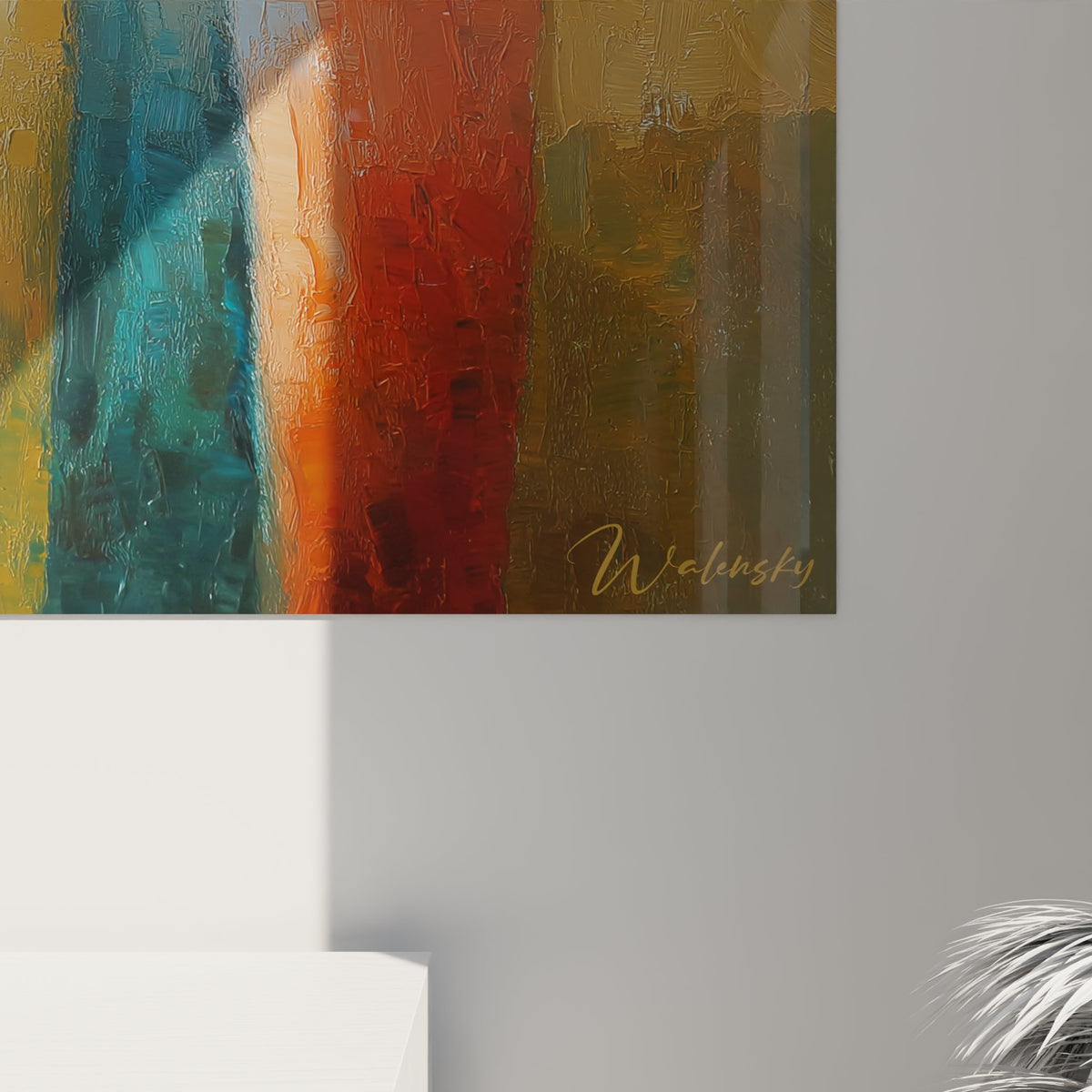 Cuadro aguadoras en pintura al óleo ocre y turquesa, esquina inferior derecha firmada por Walensky, canto de 3 mm, cristal y Dibond