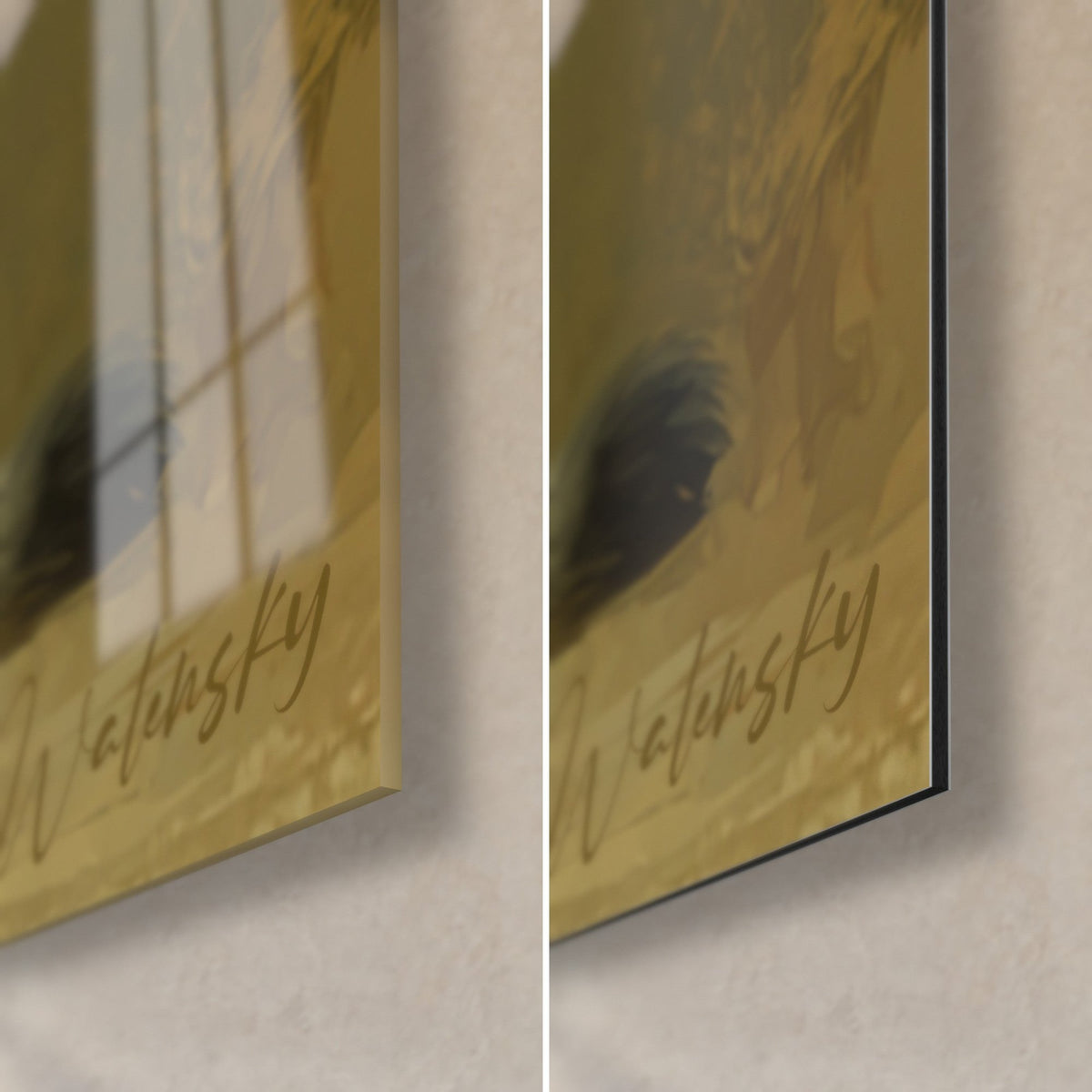 Gemälde einer Savannah-Katze in Bernstein und Schwarz, untere rechte Ecke: glänzendes Acrylglas, das das Fenster spiegelt, mattes Dibond-Aluminium, 3 mm Stärke
