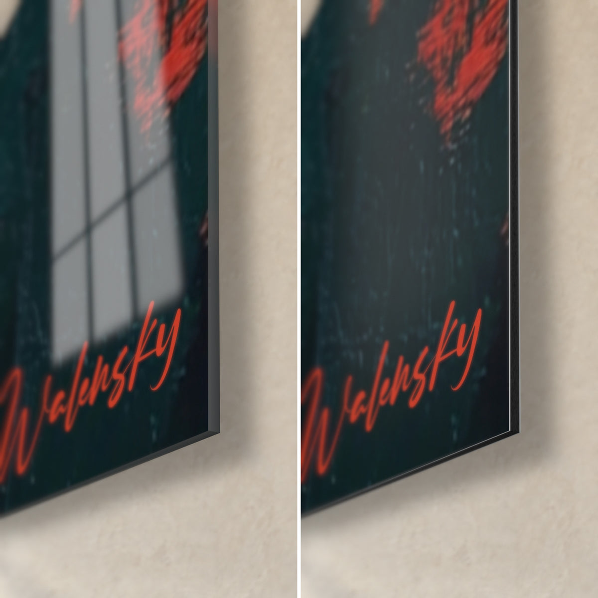 Gemälde einer weiblichen Gestalt mit roten und schwarzen Pinselstrichen, untere rechte Ecke: glänzendes Acrylglas links, mattes Dibond rechts