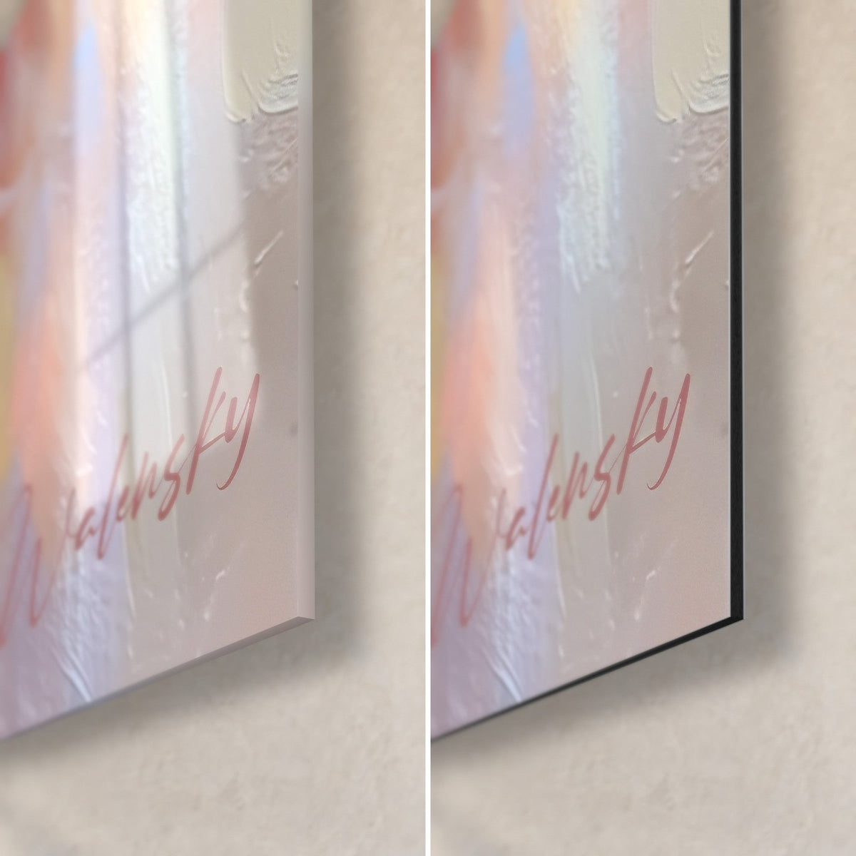 Schilderij Birmaanse kat met blauwe ogen, rechtsonder: glanzend acrylglas met roze reflecties links, mat zwart Dibond rechts, rand van 3 mm