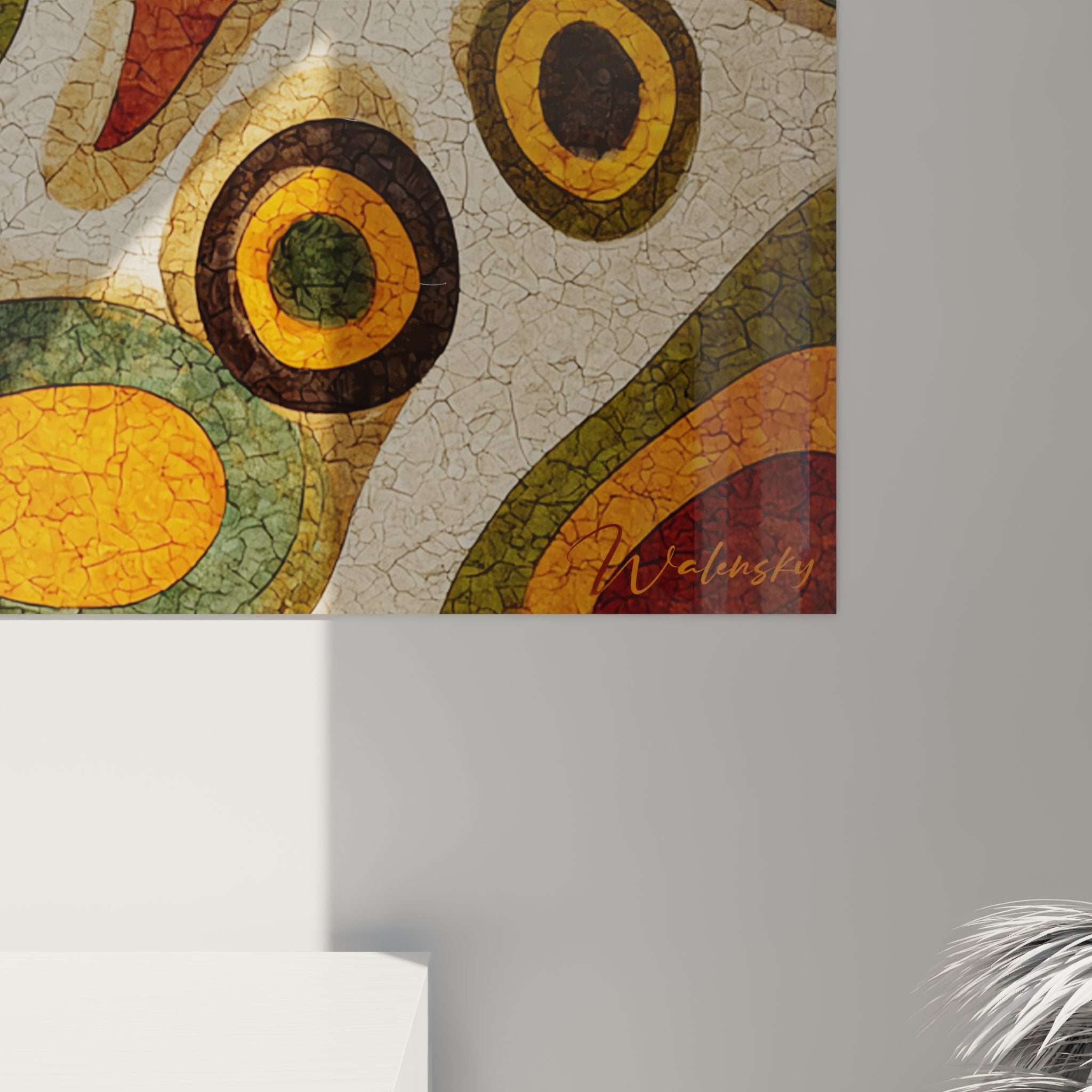 Overview of abstract African wall art with concentric circles in elegant contemporary living room