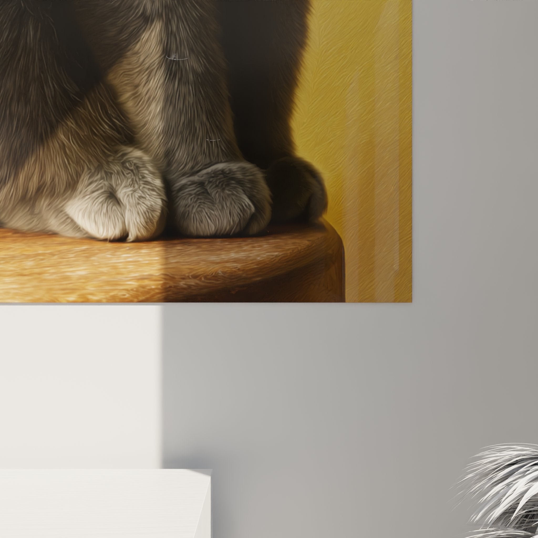 Overview of Scottish Fold gray cat artwork on yellow background, modern animal art wall decoration