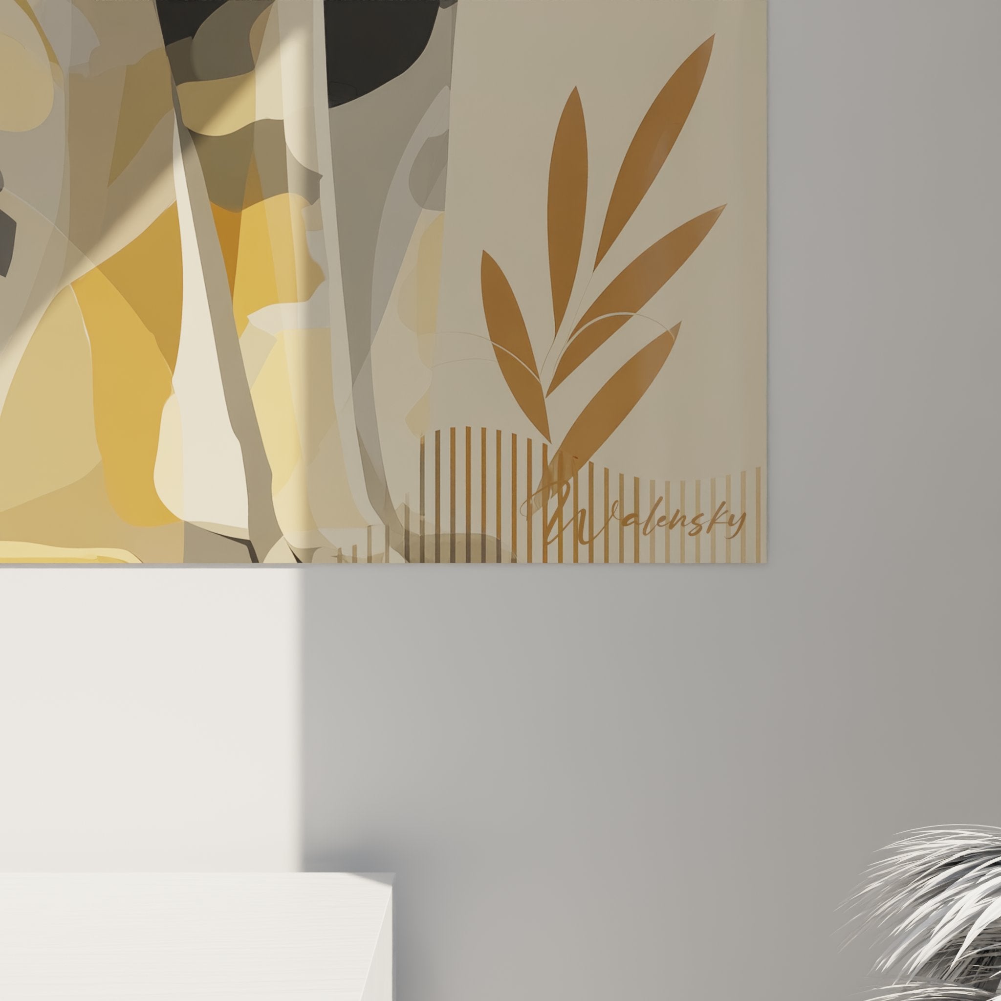 Vue d'ensemble tableau mural chat Sokoke style moderne geometrique dans salon decoration contemporaine