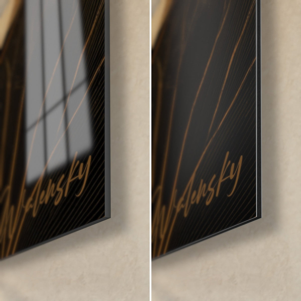 Wall art of a golden sacred water lily, bottom right corner: glossy acrylic glass reflecting the window, matte black Dibond, 3 mm edge