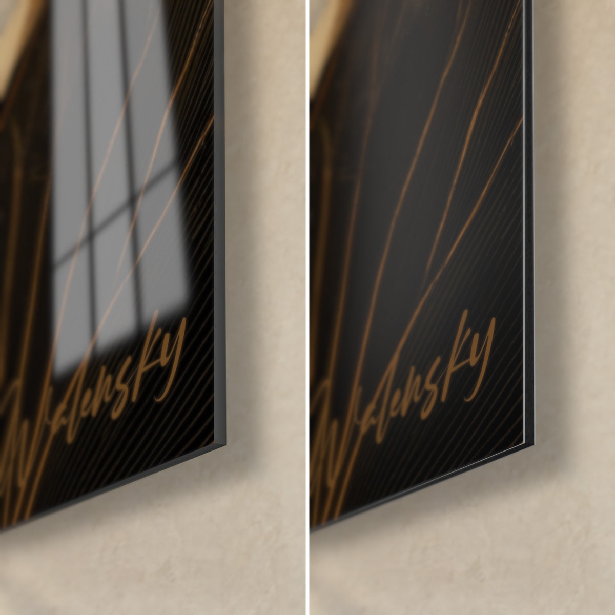 Schilderij van een gouden heilige waterlelie, rechtsonder: glanzend acrylglas dat het raam weerspiegelt, mat zwart Dibond, rand van 3 mm