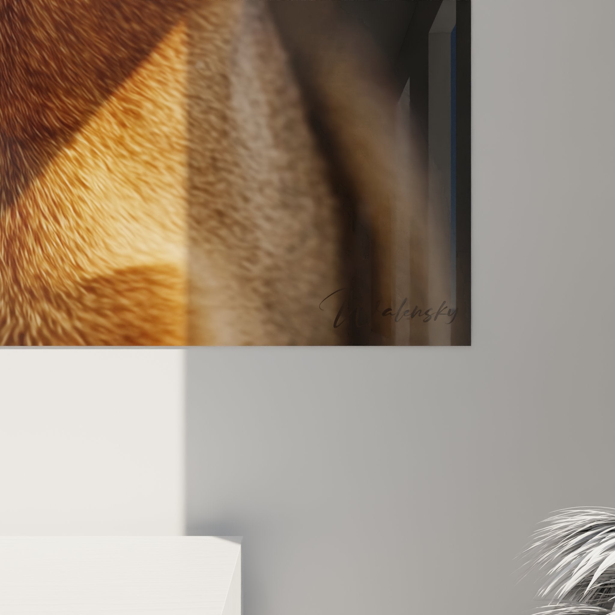 Overview of Abyssinian cat wall art in modern living room, interior decoration with contemporary feline art