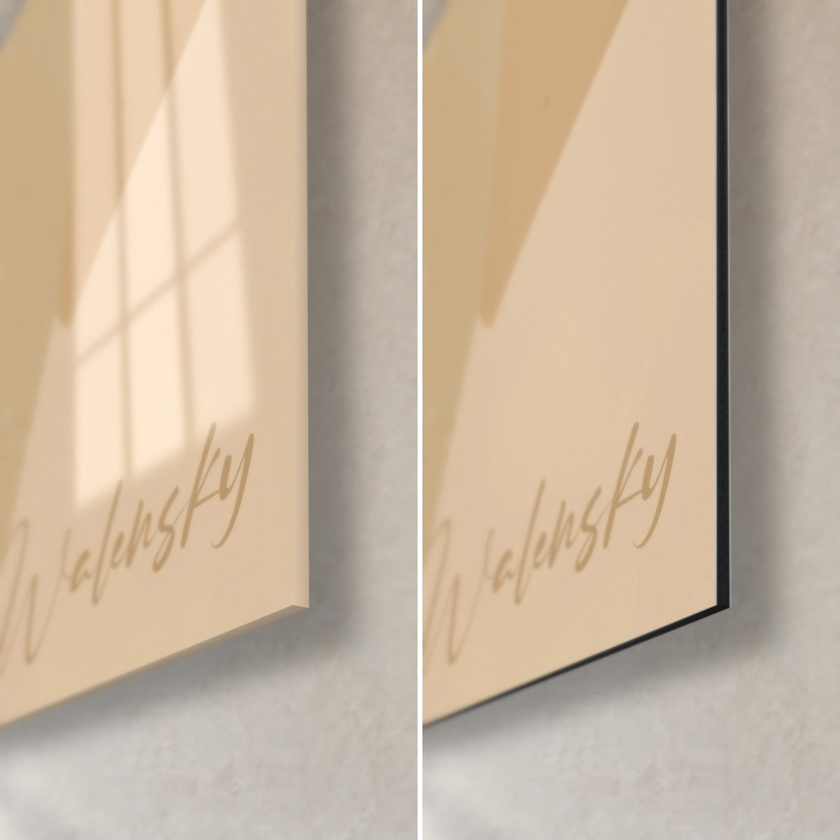 Wall art red cubist cat, lower right corner in glossy acrylic glass and matte beige Dibond aluminium, 3 mm black edge