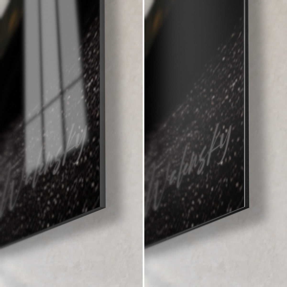 Cuadro pantera negra escultural, esquina inferior derecha: cristal acrílico brillante con reflejos, aluminio Dibond negro mate, canto de 3 mm