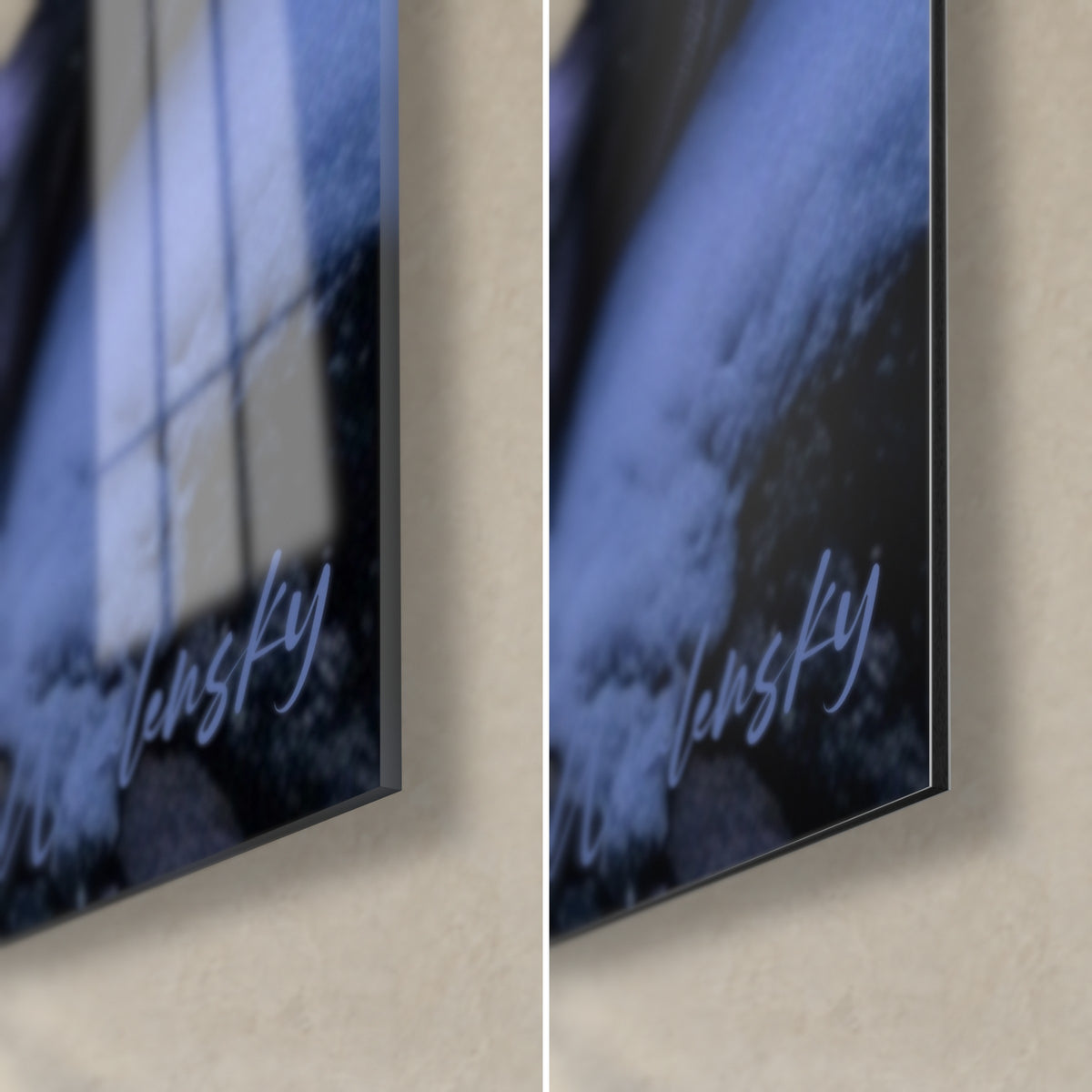 Schilderij langharige grijze en mauve kater, rechtsonder hoek: glanzend glas links, mat Dibond-aluminium rechts, 3 mm dikte