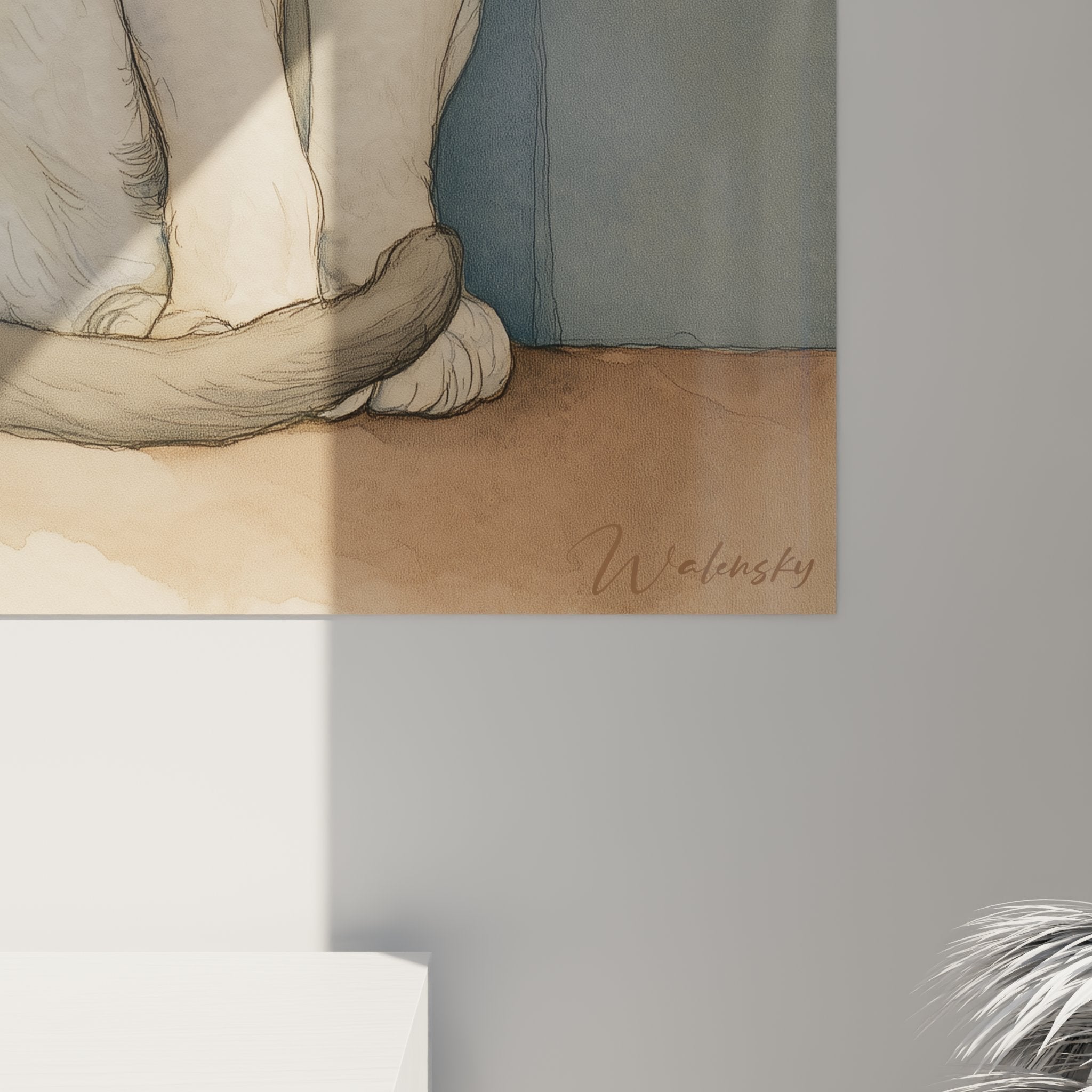 Vue d'ensemble artwork chat Tonkinois en méditation, palette douce crème et gris-bleu, art mural félin