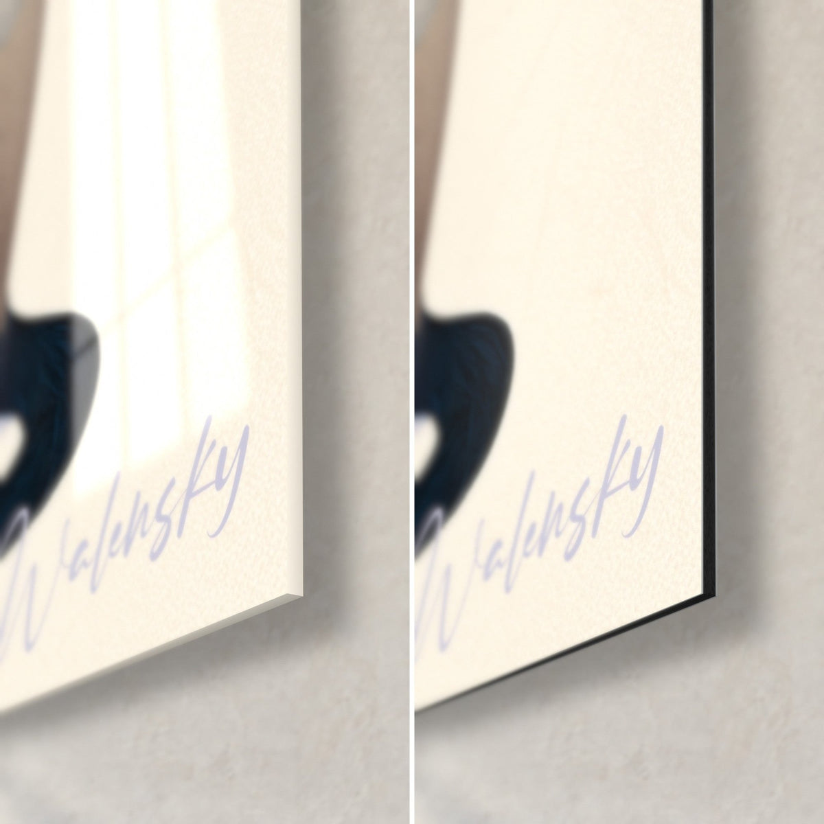 Wall art trio of Siamese cats, bottom right corner: Walensky signature in lavender blue, cream background, glossy glass on the left and matte black Dibond