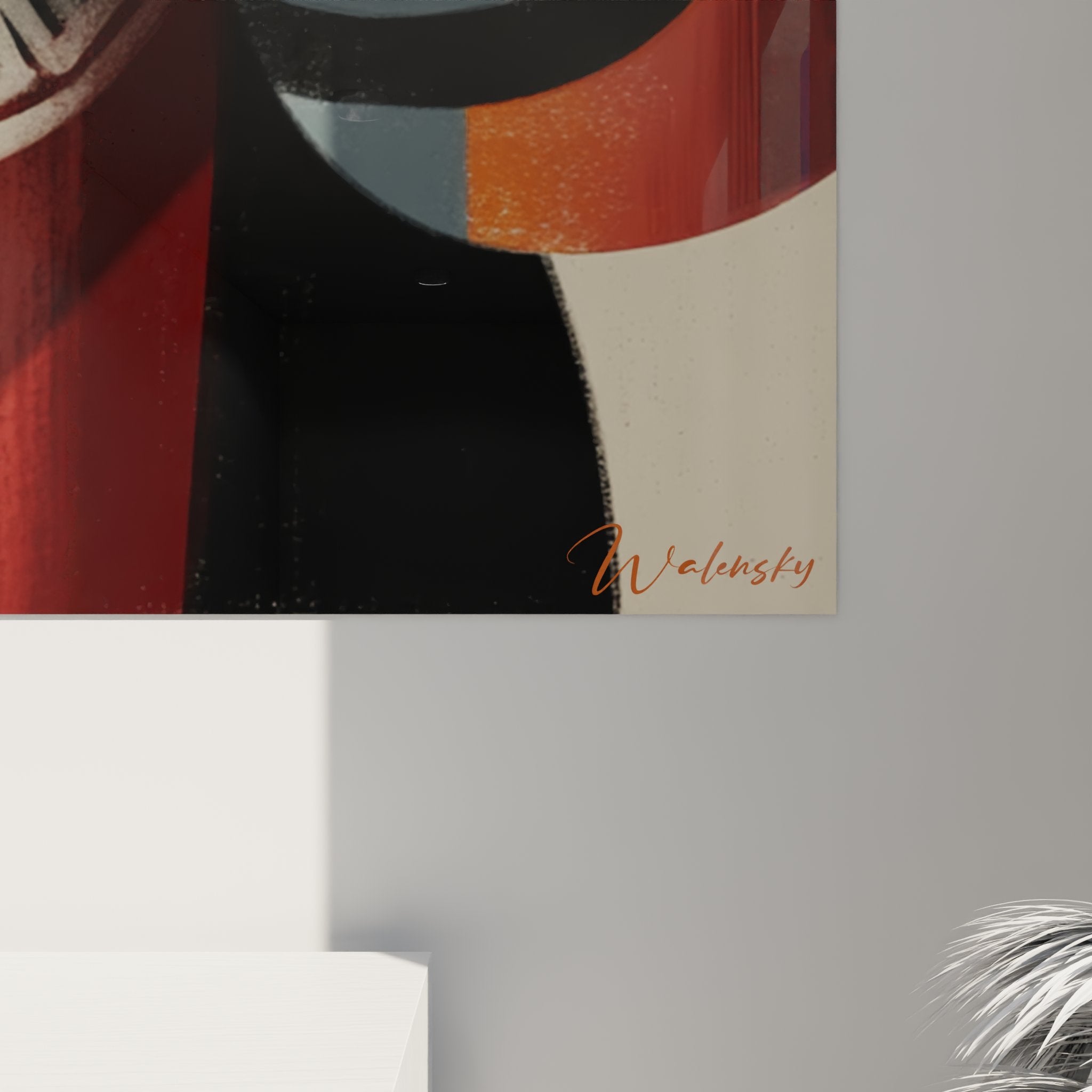 Vista angolare del quadro con maschere africane astratte, opera d'arte tribale contemporanea su tela