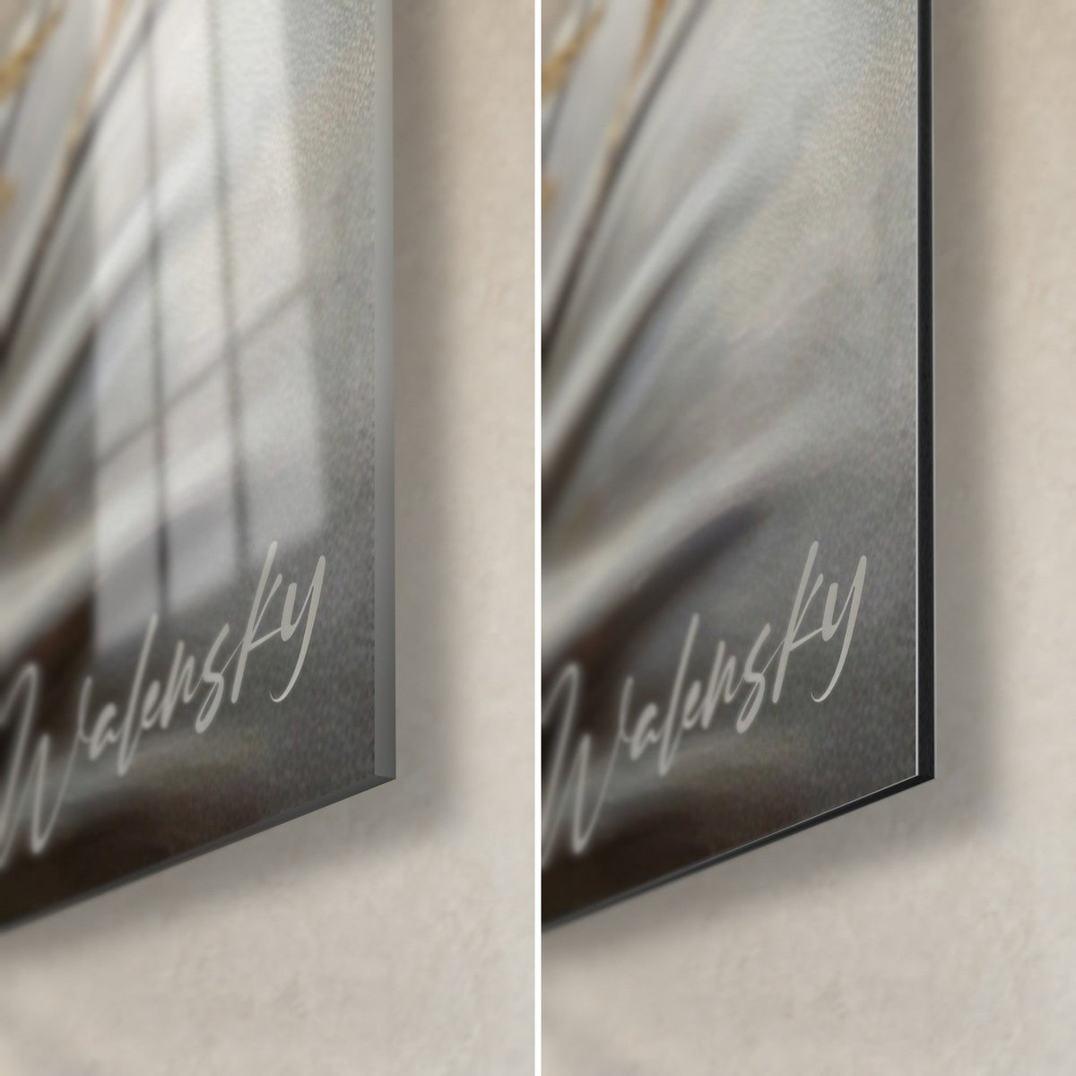 Tableau karatéka en porcelaine bleue, coin bas droit : verre acrylique brillant à gauche, alu Dibond noir mat à droite, tranche de 3 mm