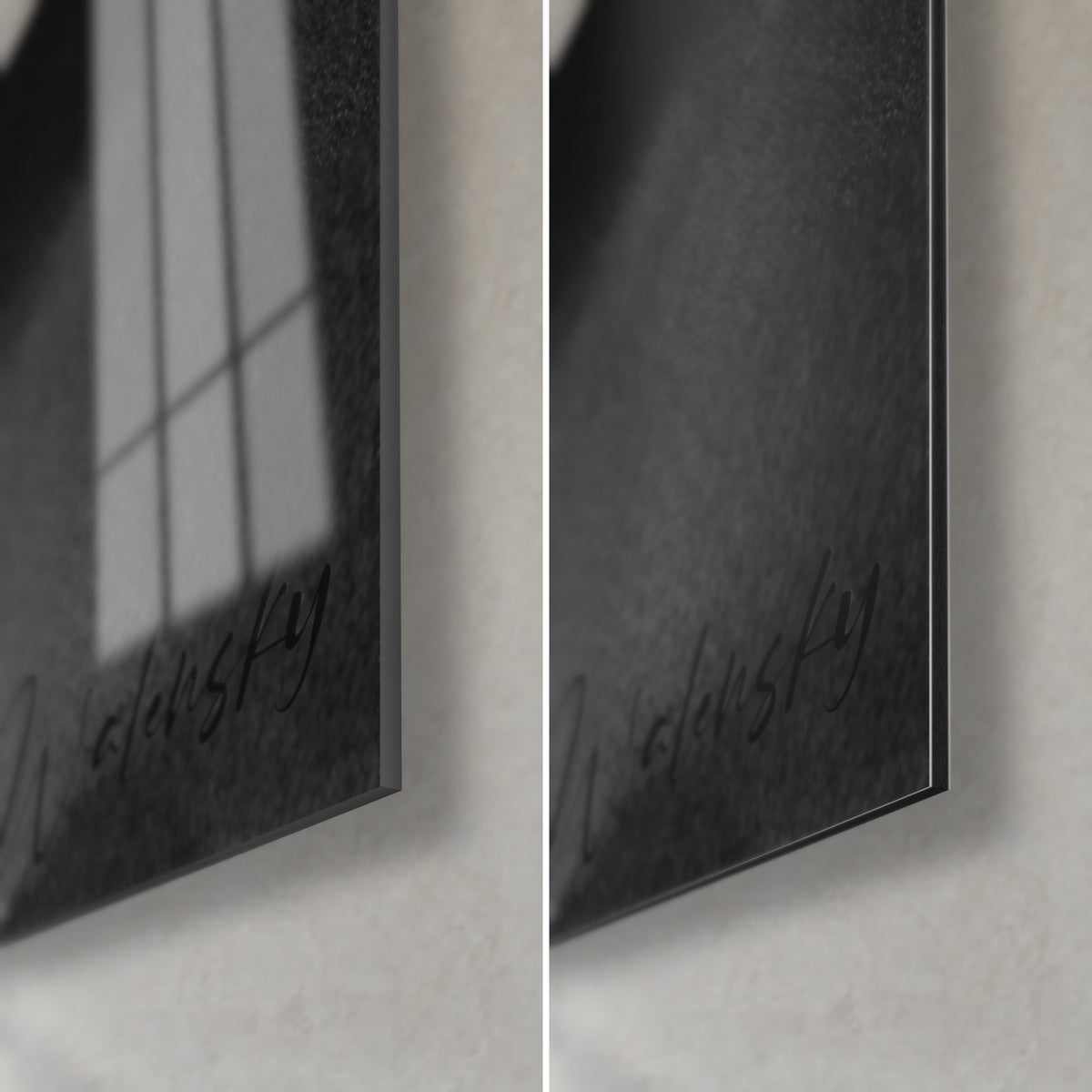 Quadro di una discesa in montagna, in basso a destra: vetro acrilico lucido con riflessi, alluminio Dibond nero opaco, spessore 3 mm