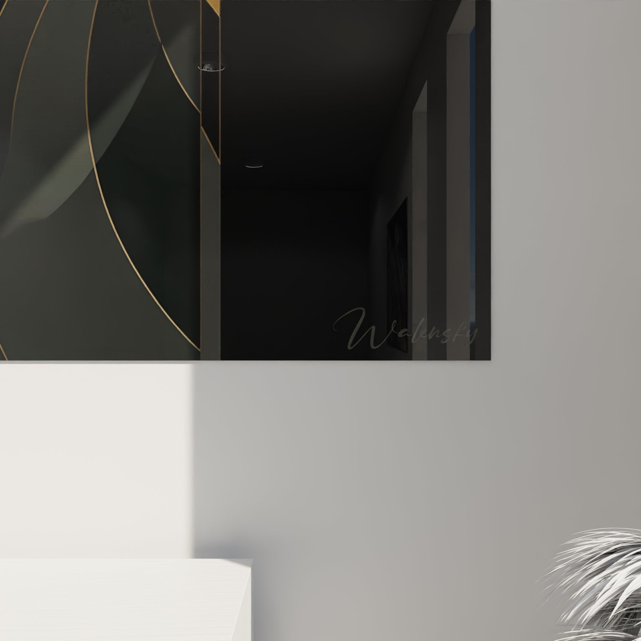Overview portrait painting feminine art deco wall art with geometric shapes and golden palette