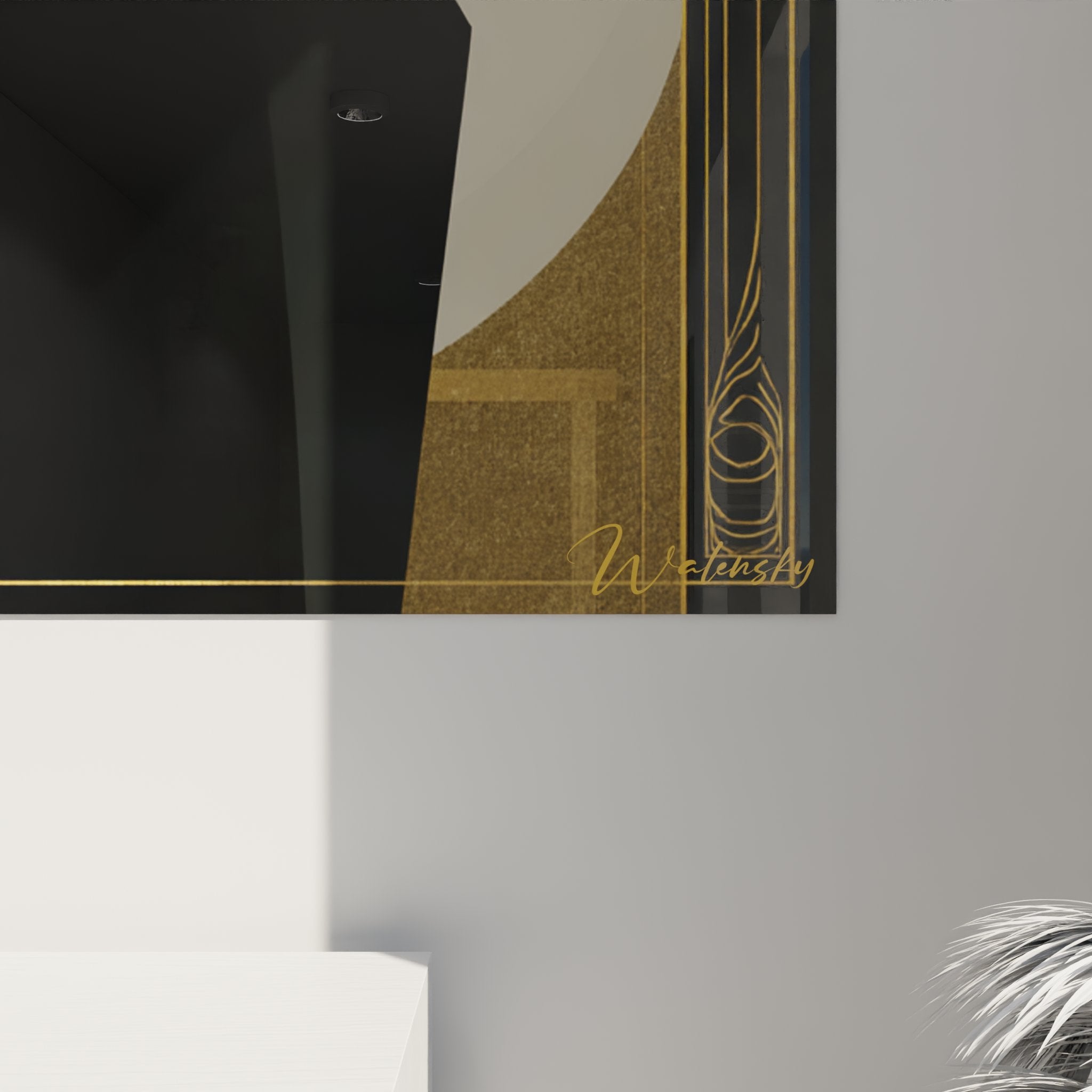 Overview of sophisticated art deco portrait painting with gold frame on contemporary wall