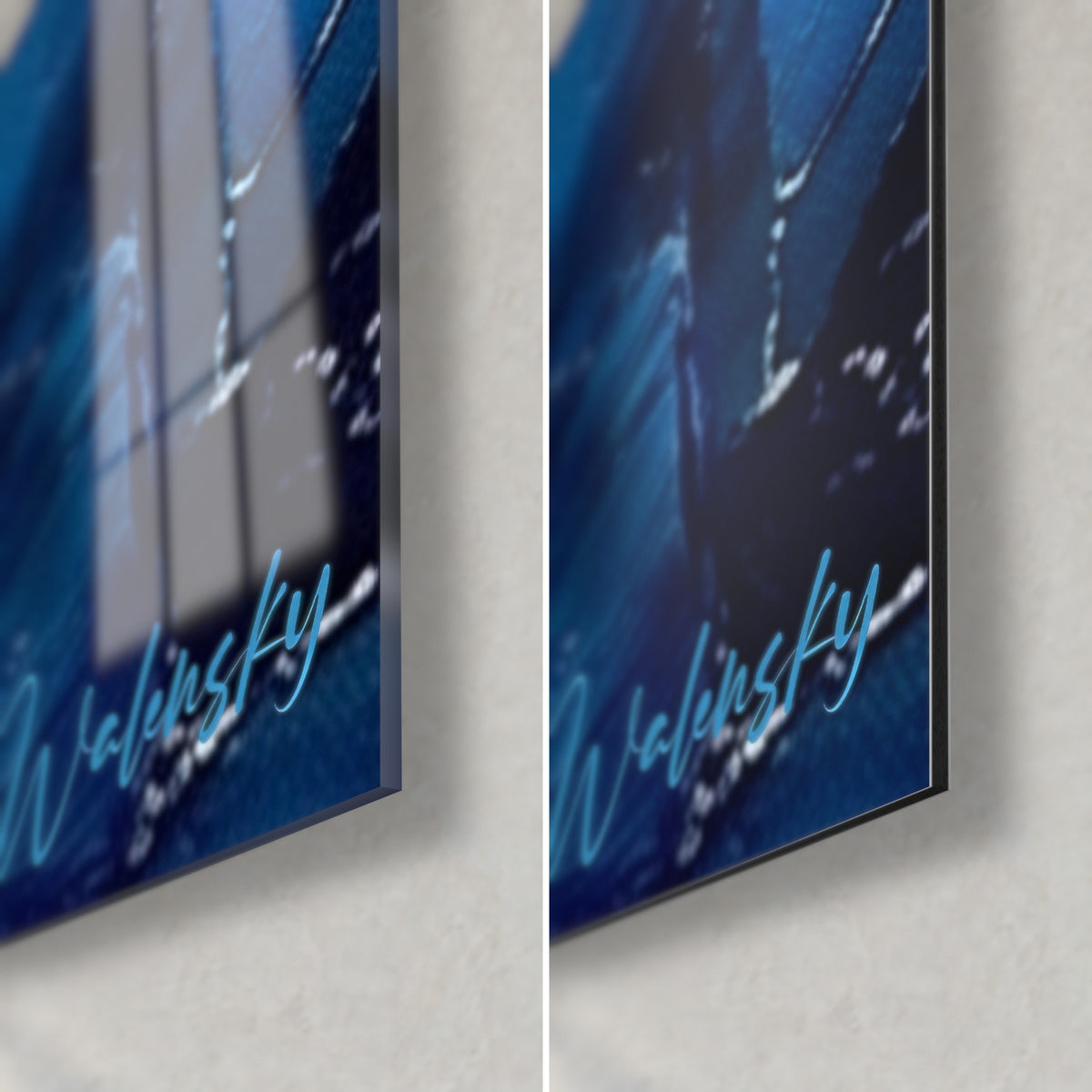 Tableau plongeur sous glace, coin bas droit : verre acrylique brillant aux reflets, Dibond mat gris clair, tranche de 3 mm