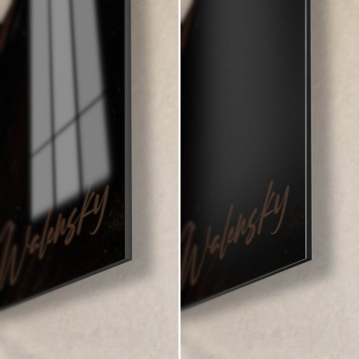 Wall art fighter's gaze in oil painting, bottom right corner: glossy black acrylic glass and matte Dibond, copper signature on the edge