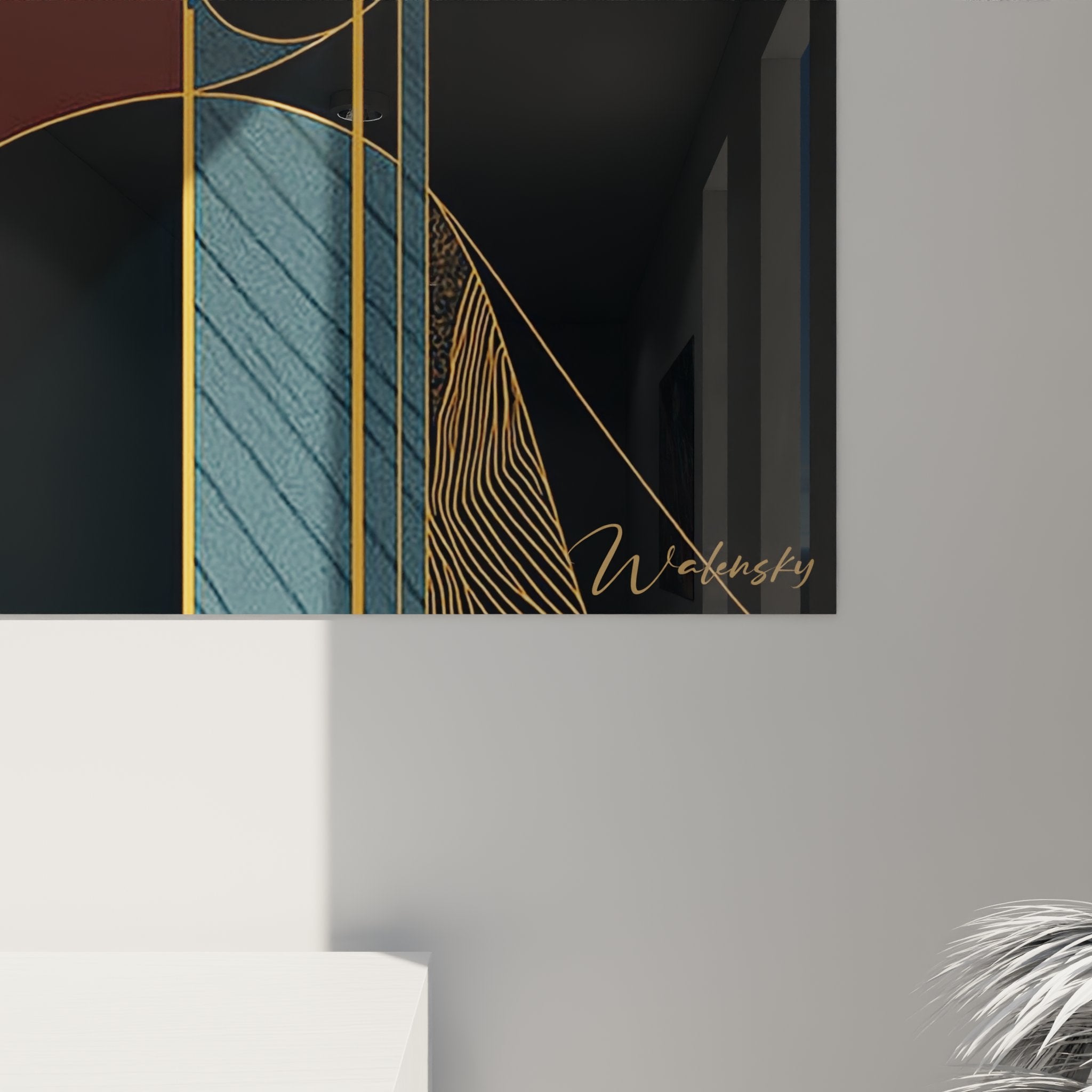 Vue ensemble tableau portrait femme africaine art geometrique dore decoration interieure moderne