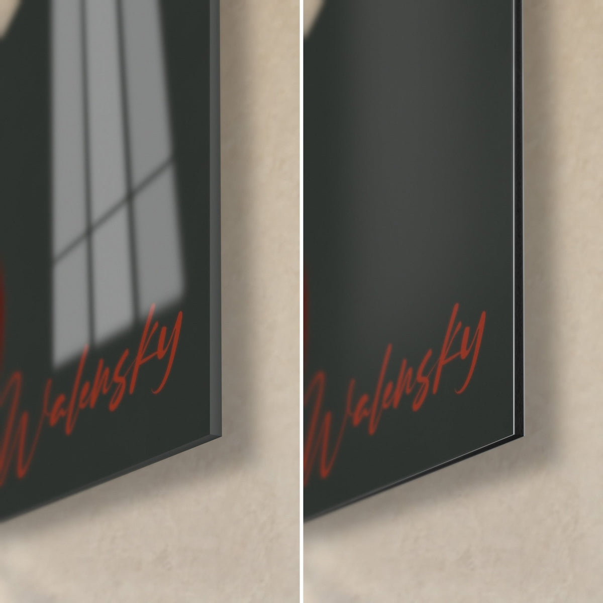 Wall art African face in profile, lower right corner: red signature on anthracite grey background, glossy glass and matte Dibond