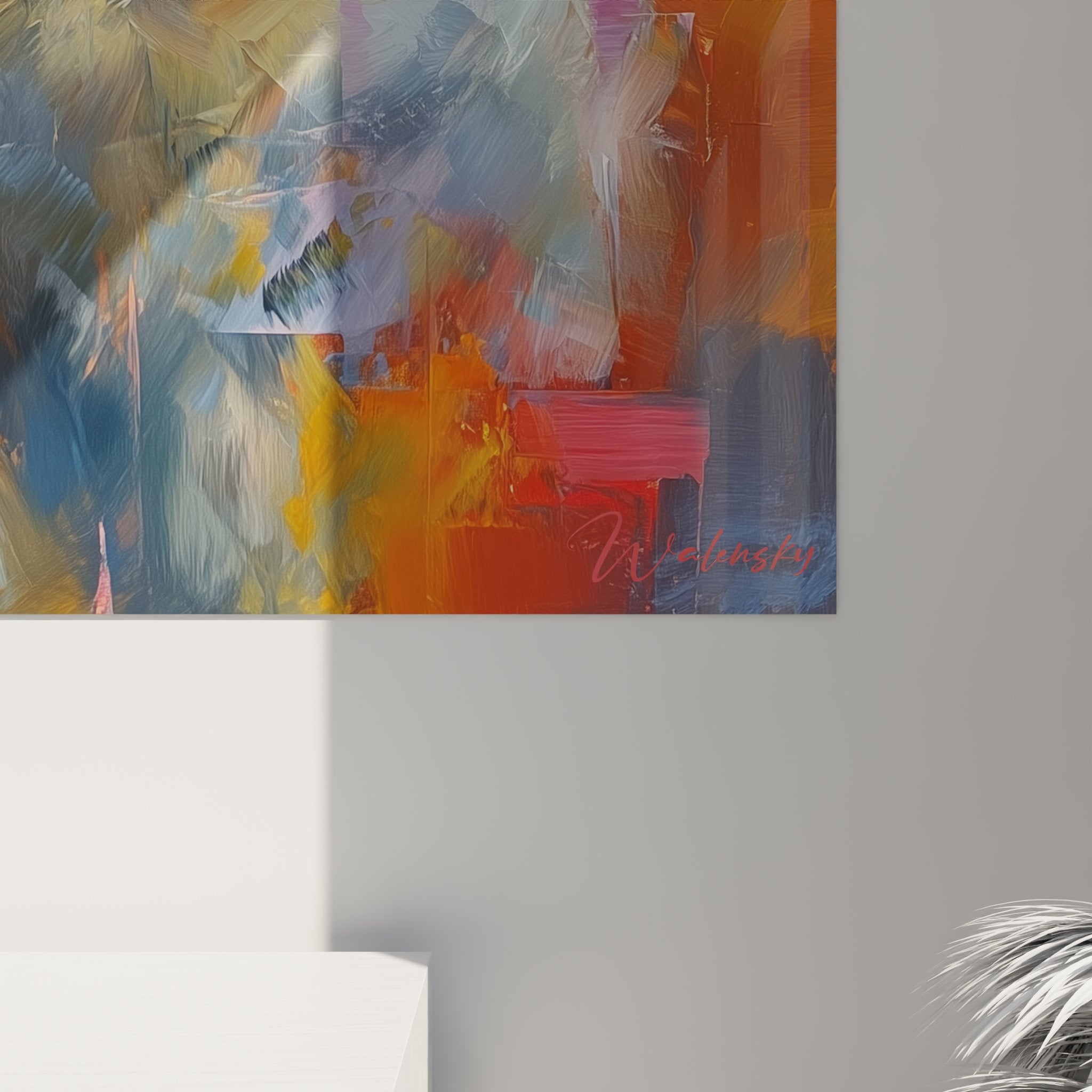 Vue d'ensemble tableau mural chat American Shorthair dans intérieur moderne, art décoratif félin contemporain