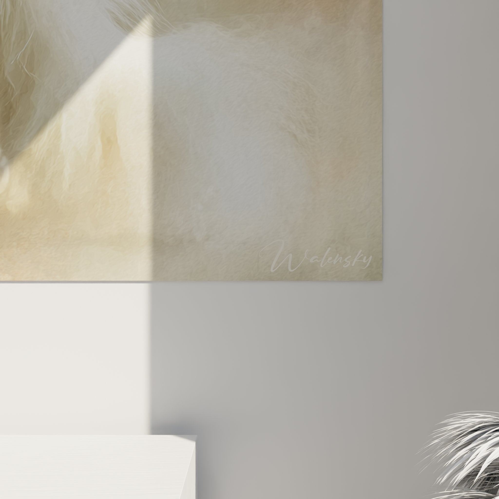 Perspective view white Turkish Angora majestic cat wall art elegant interior decoration