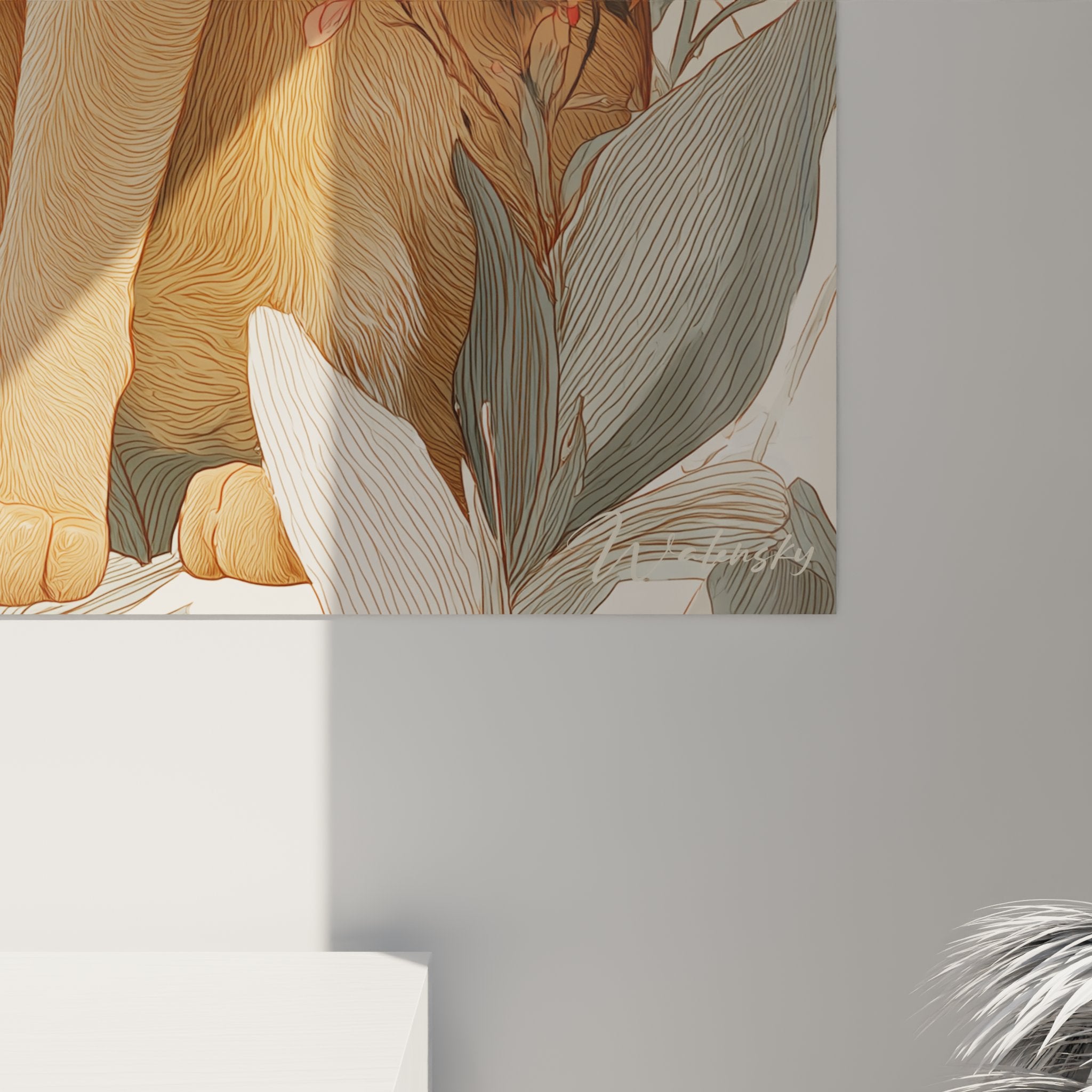 Vista panoramica quadro murale gatto Abissino circondato da fiori delicati stile decorativo raffinato interno