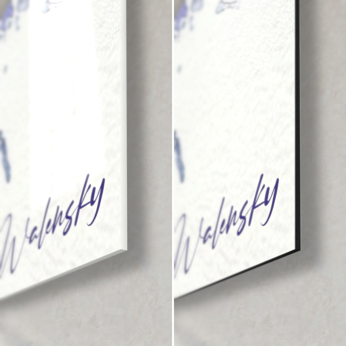 Wall art gymnastics athlete in watercolor, purple Walensky signature, glossy glass corner bottom right and matte black Dibond