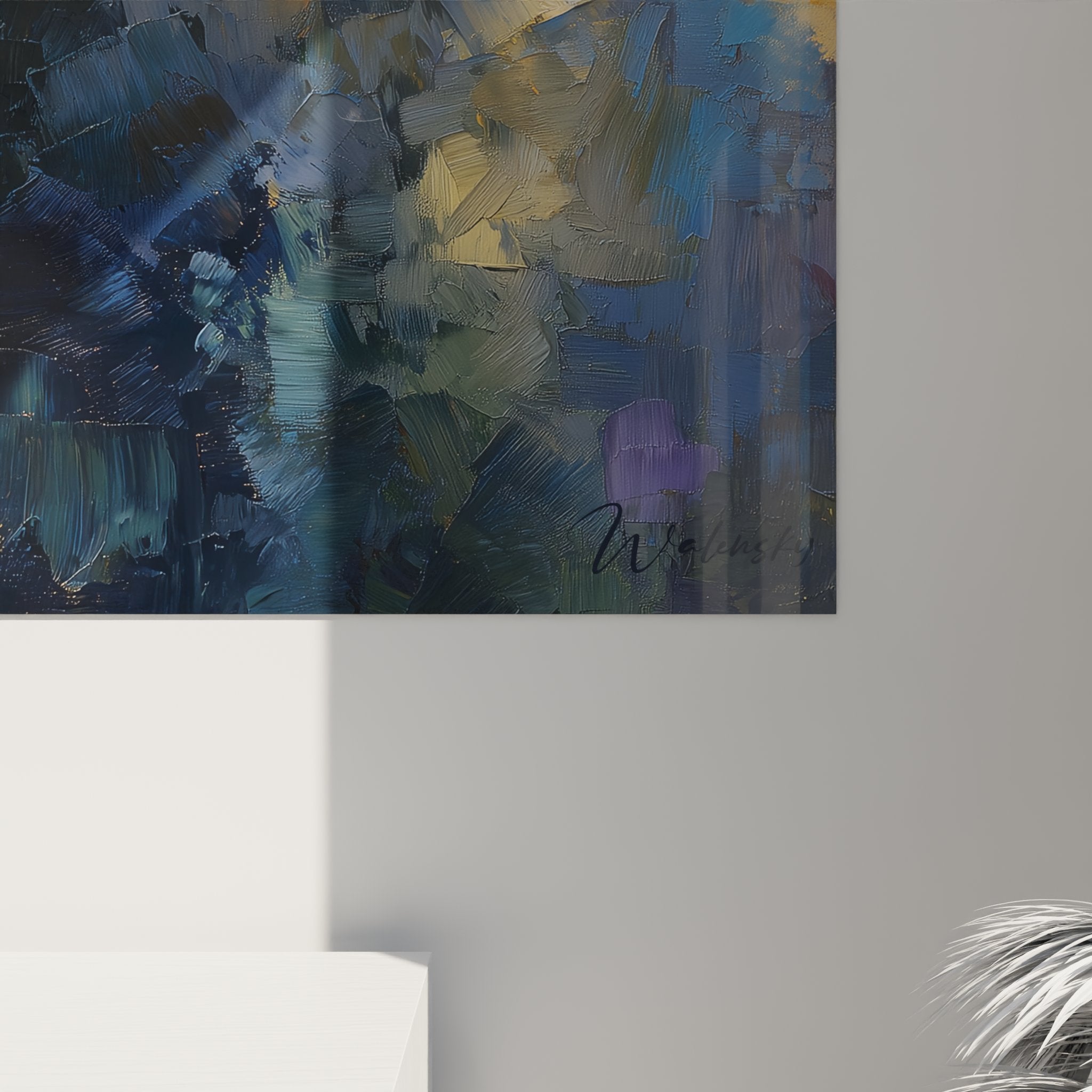 Vue perspective tableau chat Chartreux mural, effet décoratif dans salon moderne, art félin contemporain