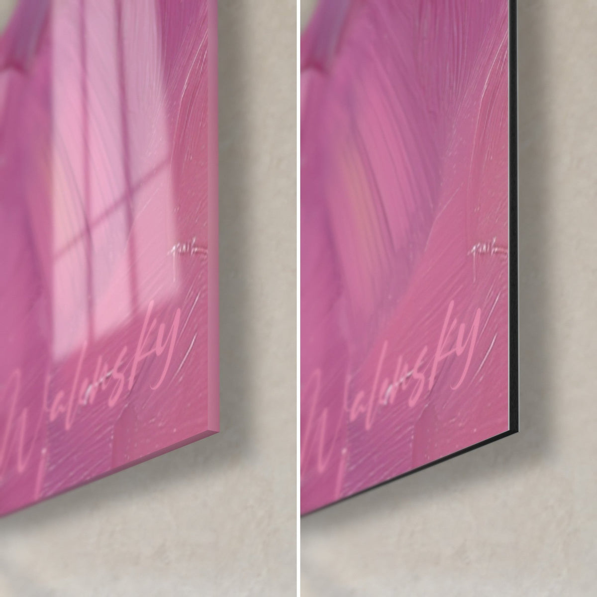 Wall art white cat with amber eyes, bottom right corner: glossy glass on the left, matte pink Dibond on the right, 3 mm edge