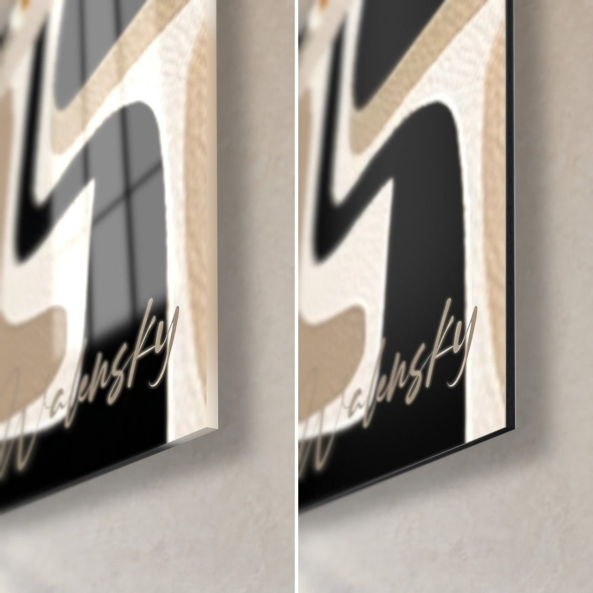 Wall art with a labyrinth of black and beige shapes, bottom right corner, glossy glass on the left, matte Dibond on the right